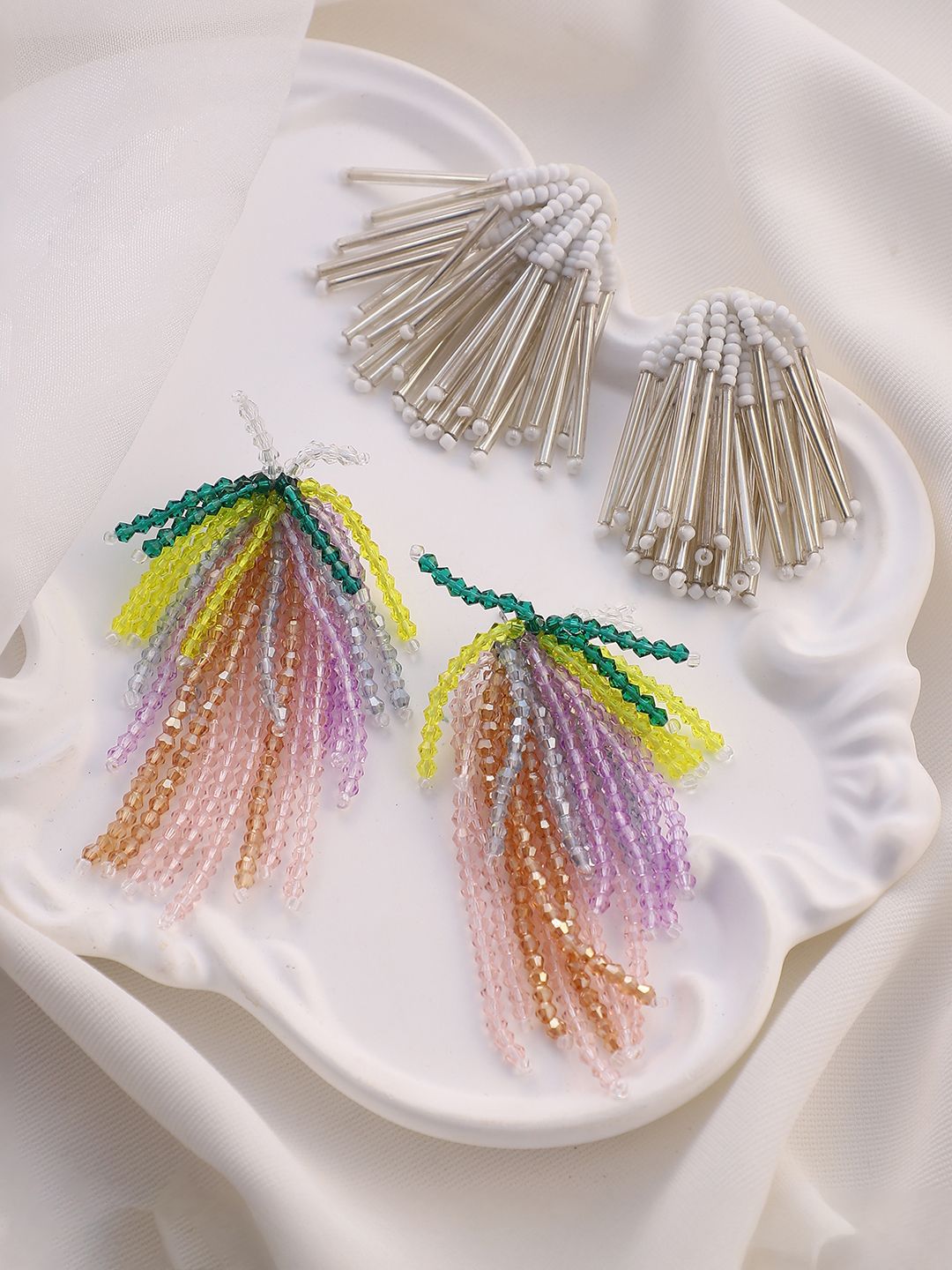 SOHI Set OF 2 Silver-Plated Contemporary Jacket Artificial Beaded Drop Earrings-image-25