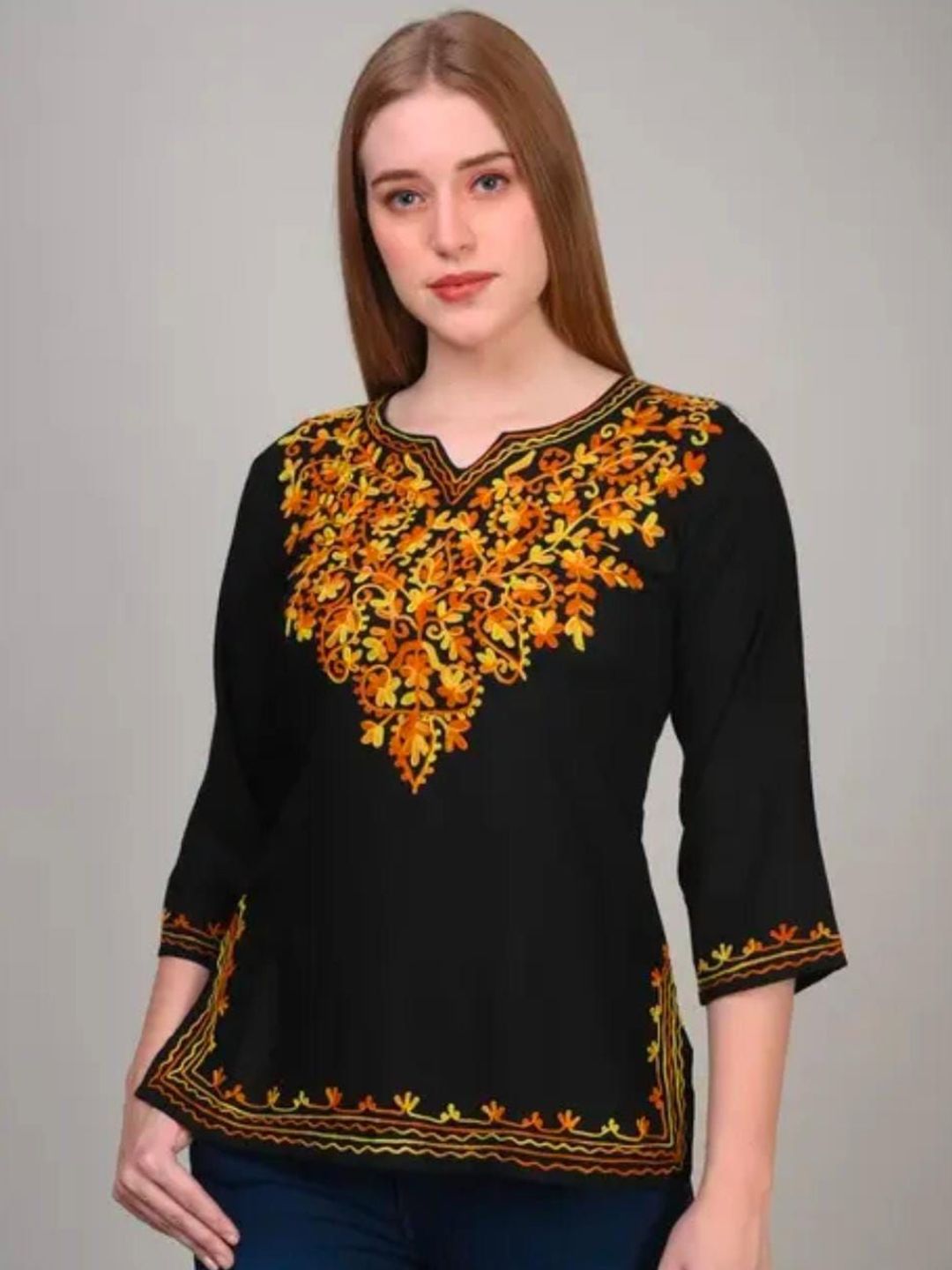 CROWN KING Floral Embroidered V-Neck Kurti-image-10