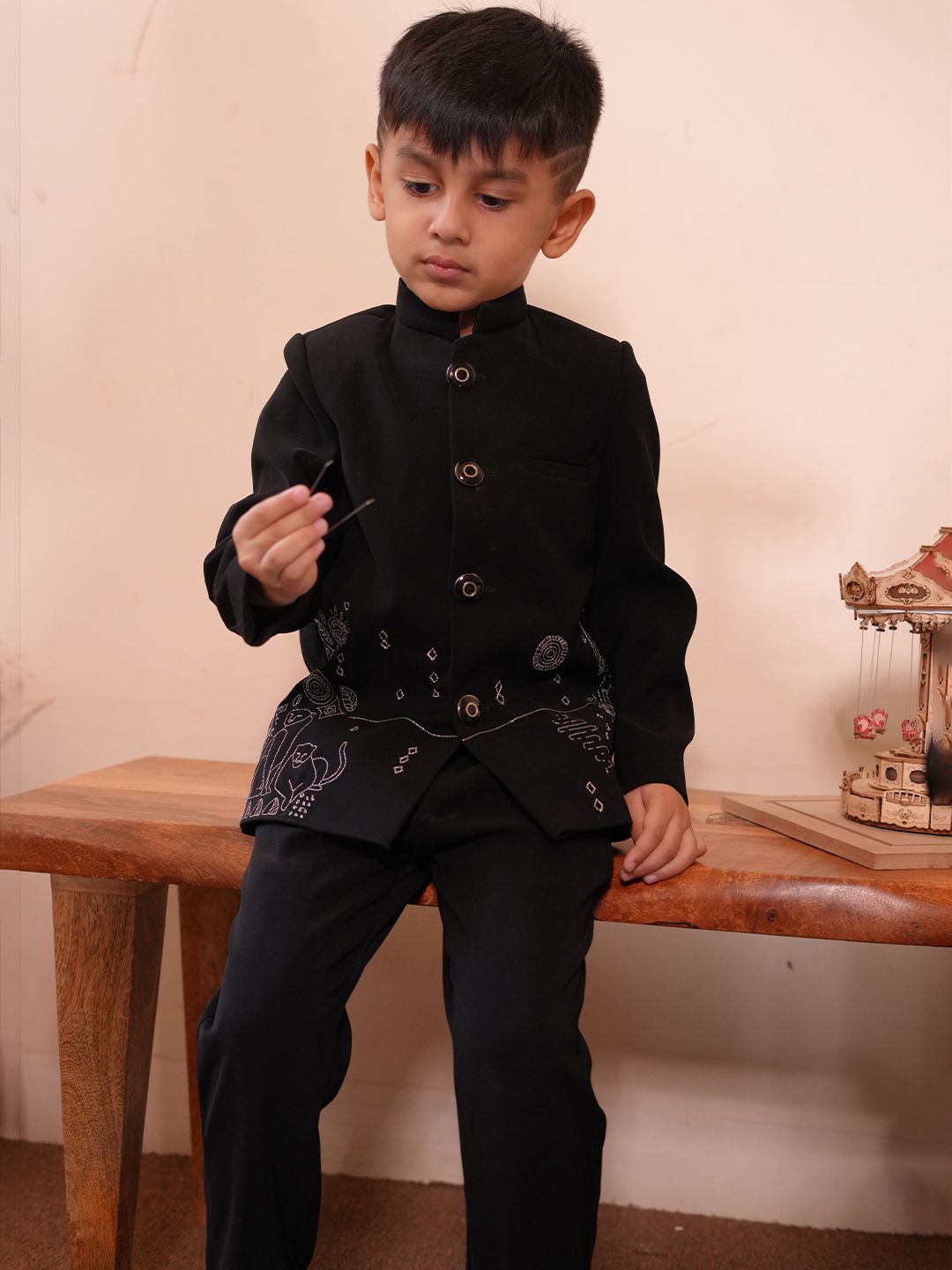 Funny Bones Clothings Boys Embroidered Bandhgala Jodhpuri Blazer With Trousers-picture-12