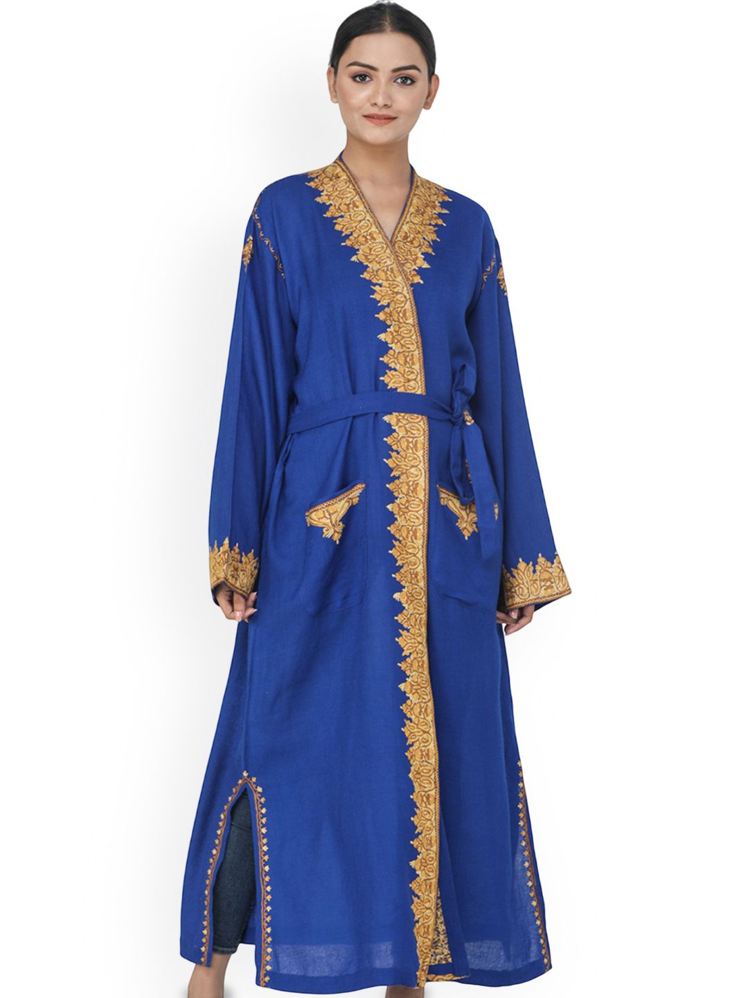 Exotic India Turkish-Blue Aari Hand-Embroidered Flowers Kashmiri Robe-image-36