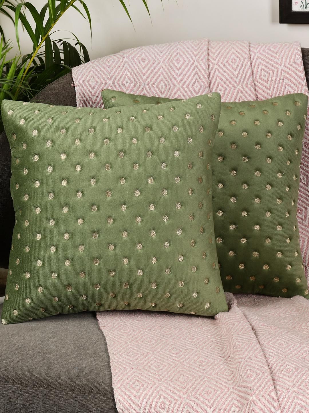 Modern Minimalist Dot Design Green Color Velvet Cushion Covers Set of 2-image-24