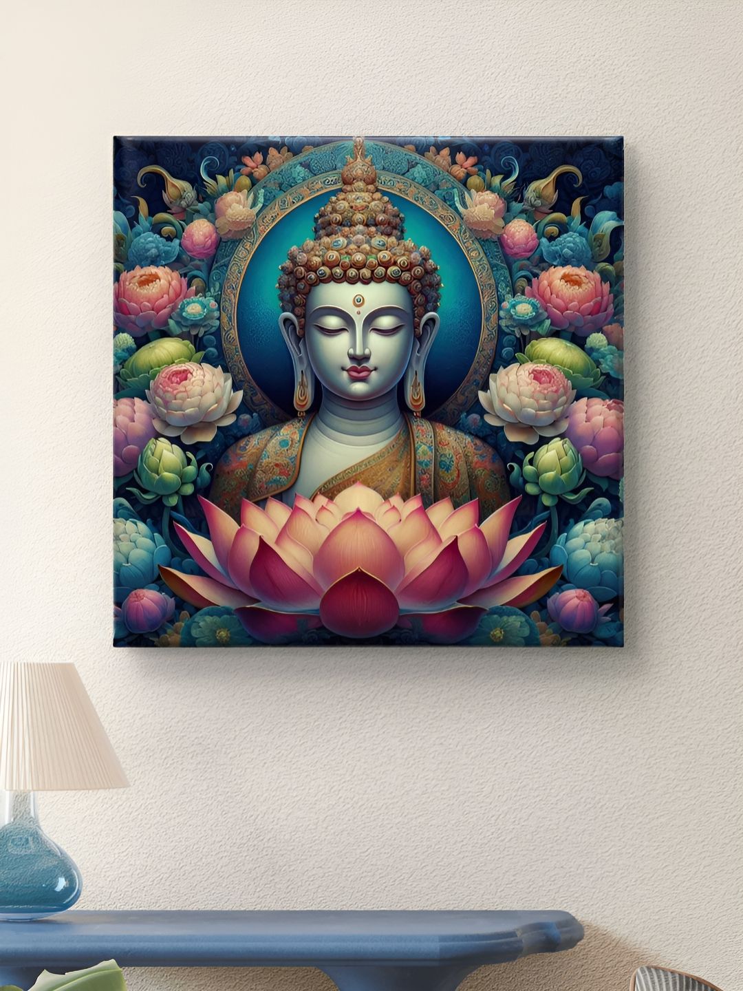 SAF Blue & Green Buddha Floral Printed Canvas Wall Art-picture-36