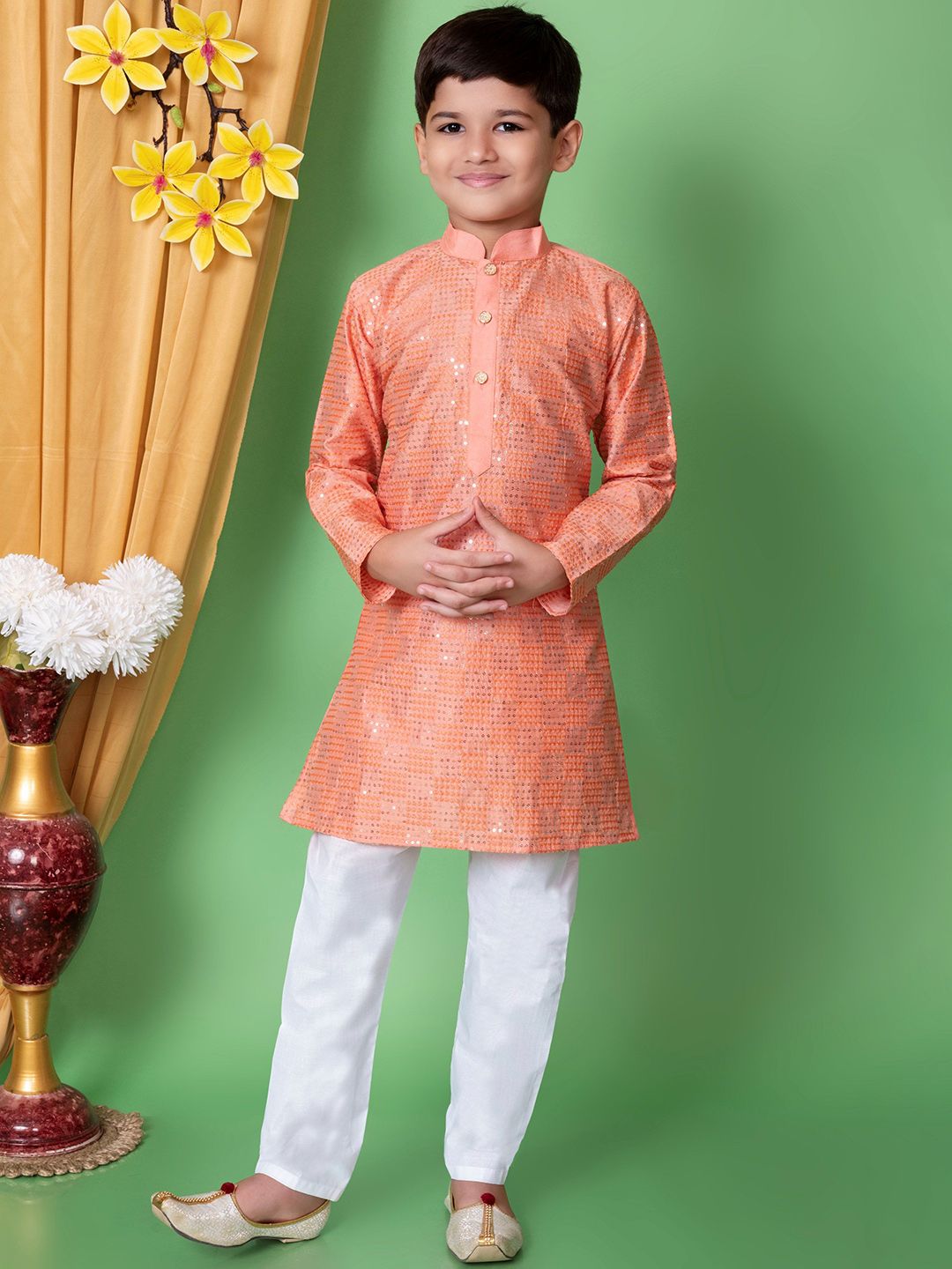 AHLAN APPARELS Boys Ethnic Motifs Sequinned Dupion Silk Kurta with Pyjamas-picture-3