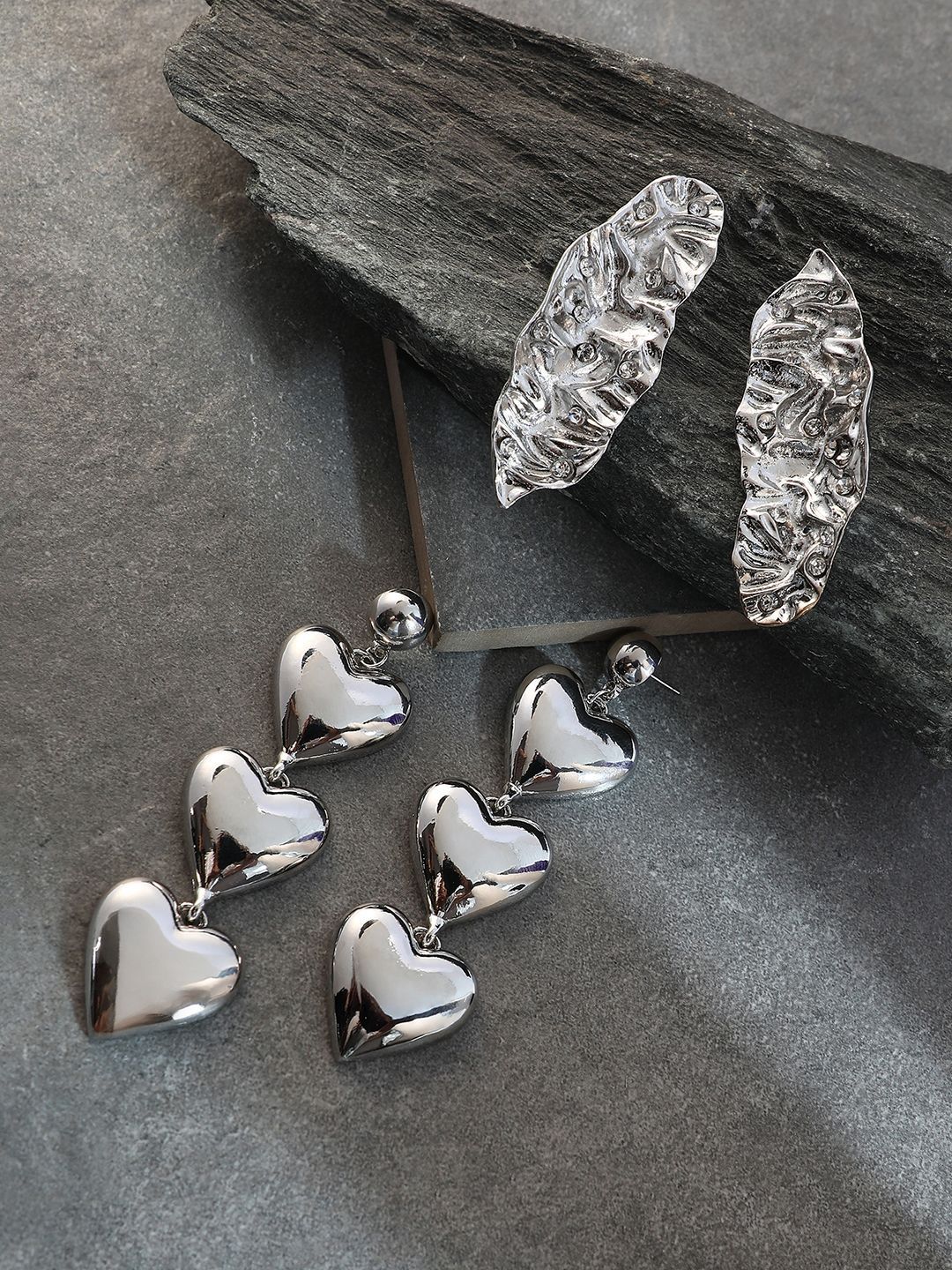 SOHI Soiree Set Of 2 Silver Plated Contemporary Drop Earrings-image-6