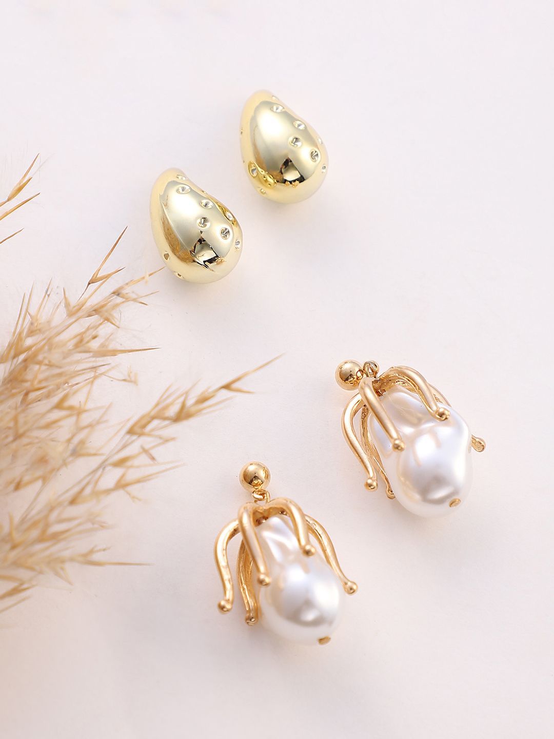 SOHI Set Of 2 Gold-Plated Teardrop-Bud Pearls Drop Earrings-picture-38