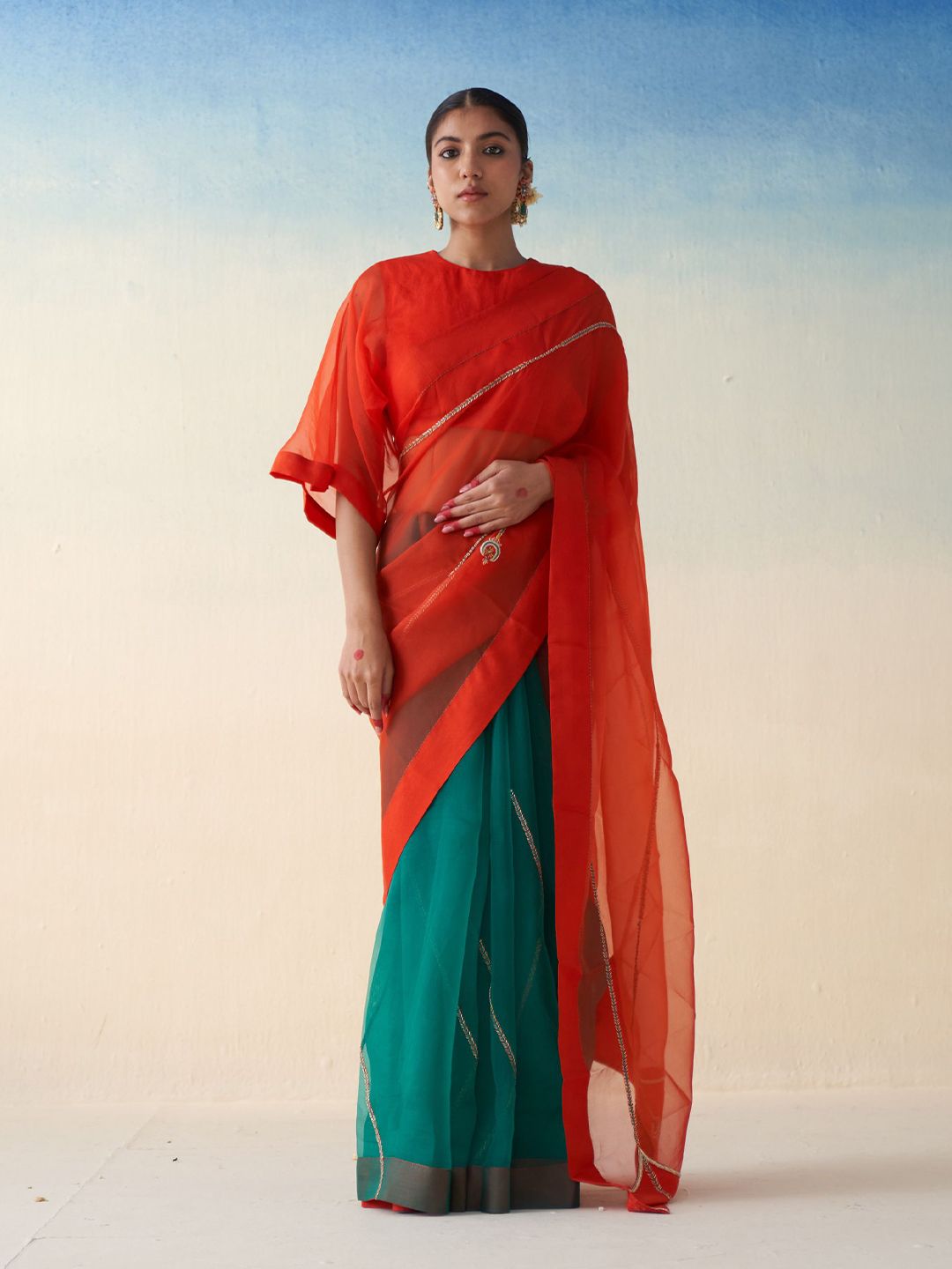 JANKI INDIA Solid Embroidered Half and Half Saree With Stitched Petticoat-image-20