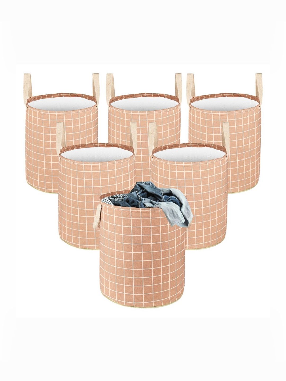 Aura 6Pcs Brown & White Checked Cotton Foldable Laundry Bag With Handle - 60 L-picture-43