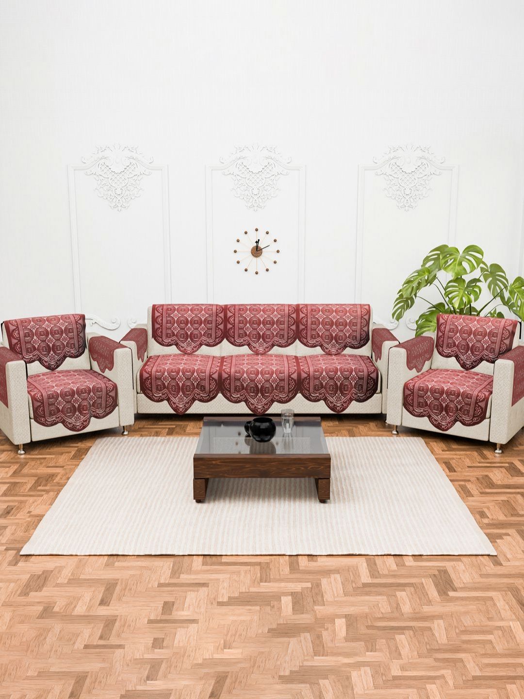 Aura Maroon Printed 5 Seater Cotton Sofa Cover With Arms-picture-41