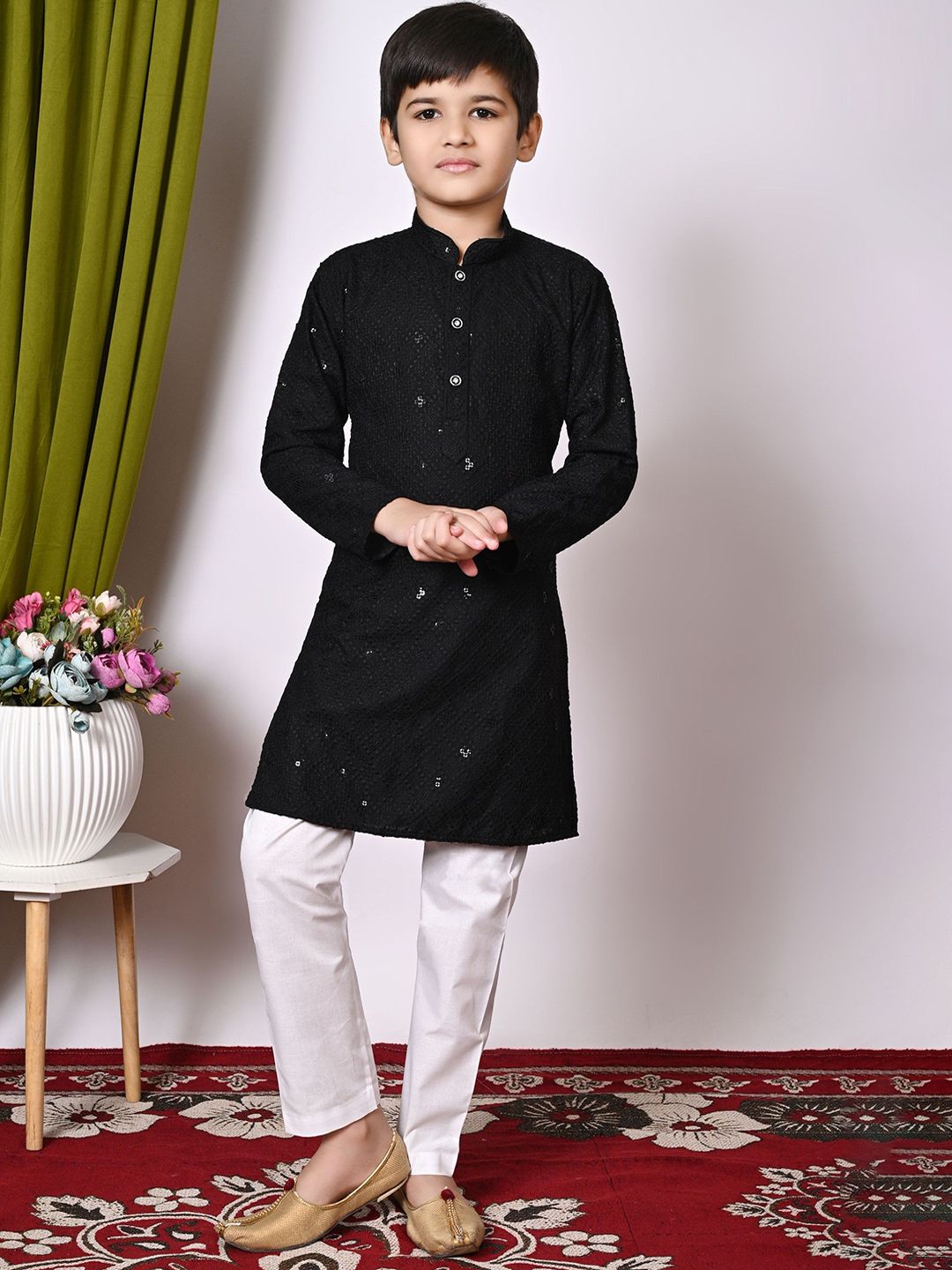 AHLAN APPARELS Boys Ethnic Motifs Embroidered Sequinned Kurta with Pyjamas-image-35