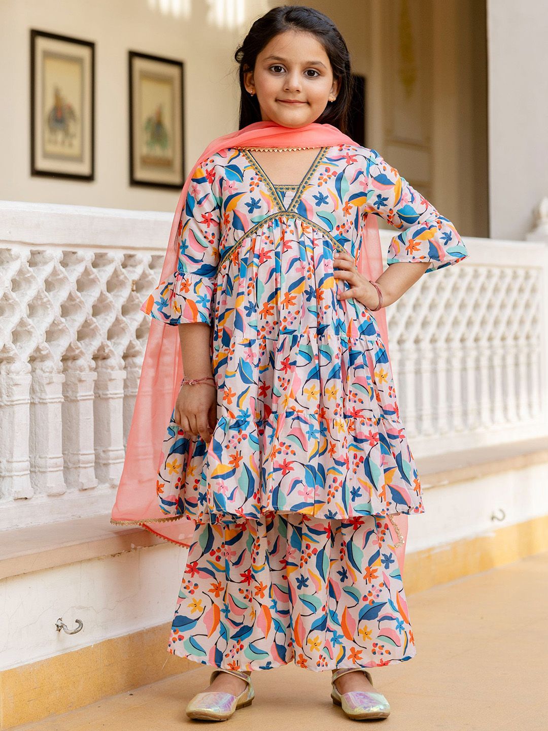 Sangria Girls Printed Aliya-Cut Kurta & Sharara With Dupatta-picture-17