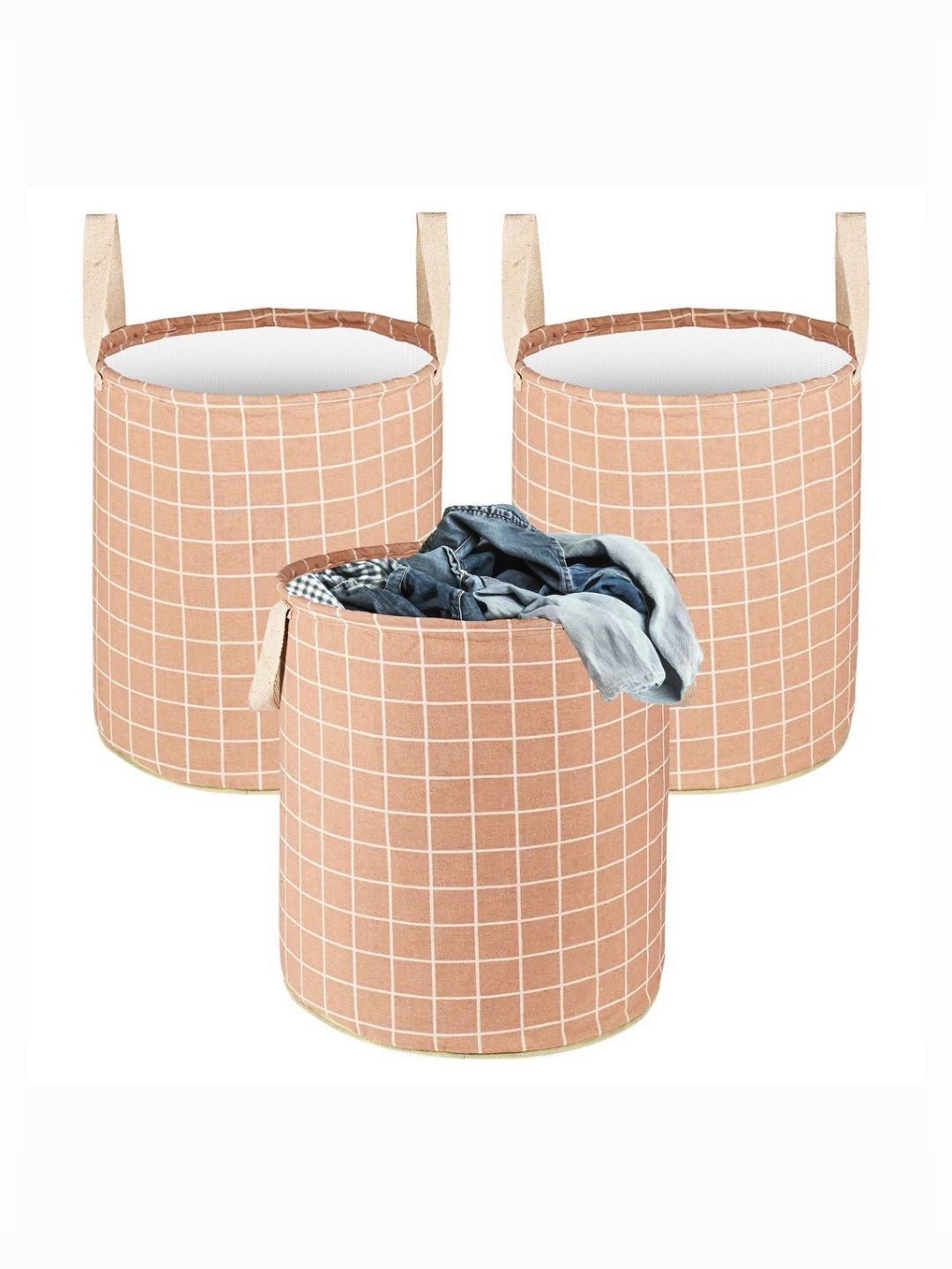 Aura 3-Pcs Brown Checked Cotton Foldable Laundry Bags With Handle - 60L-picture-10