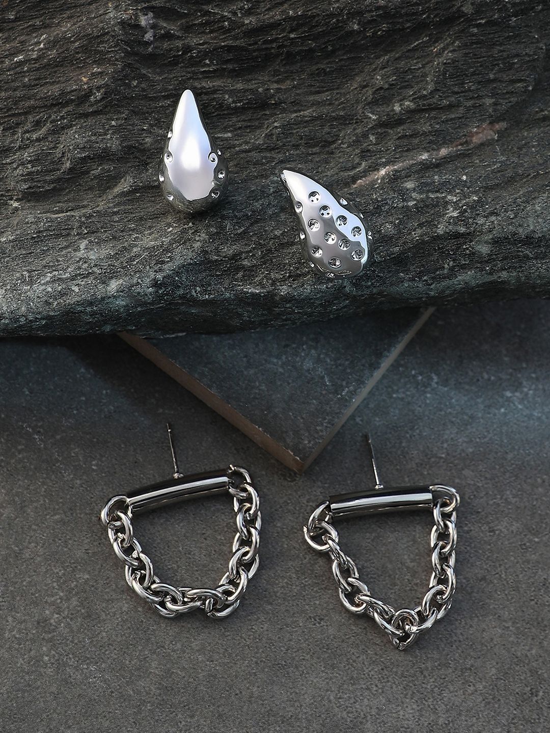 SOHI Set Of 2 Silver-Plated Chain Teardrop Drop Earrings-image-49