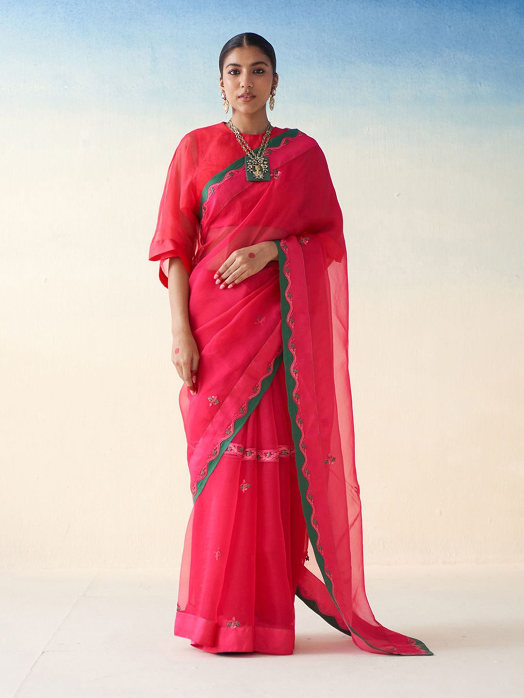 JANKI INDIA Floral Embroidered Organza Saree-picture-49