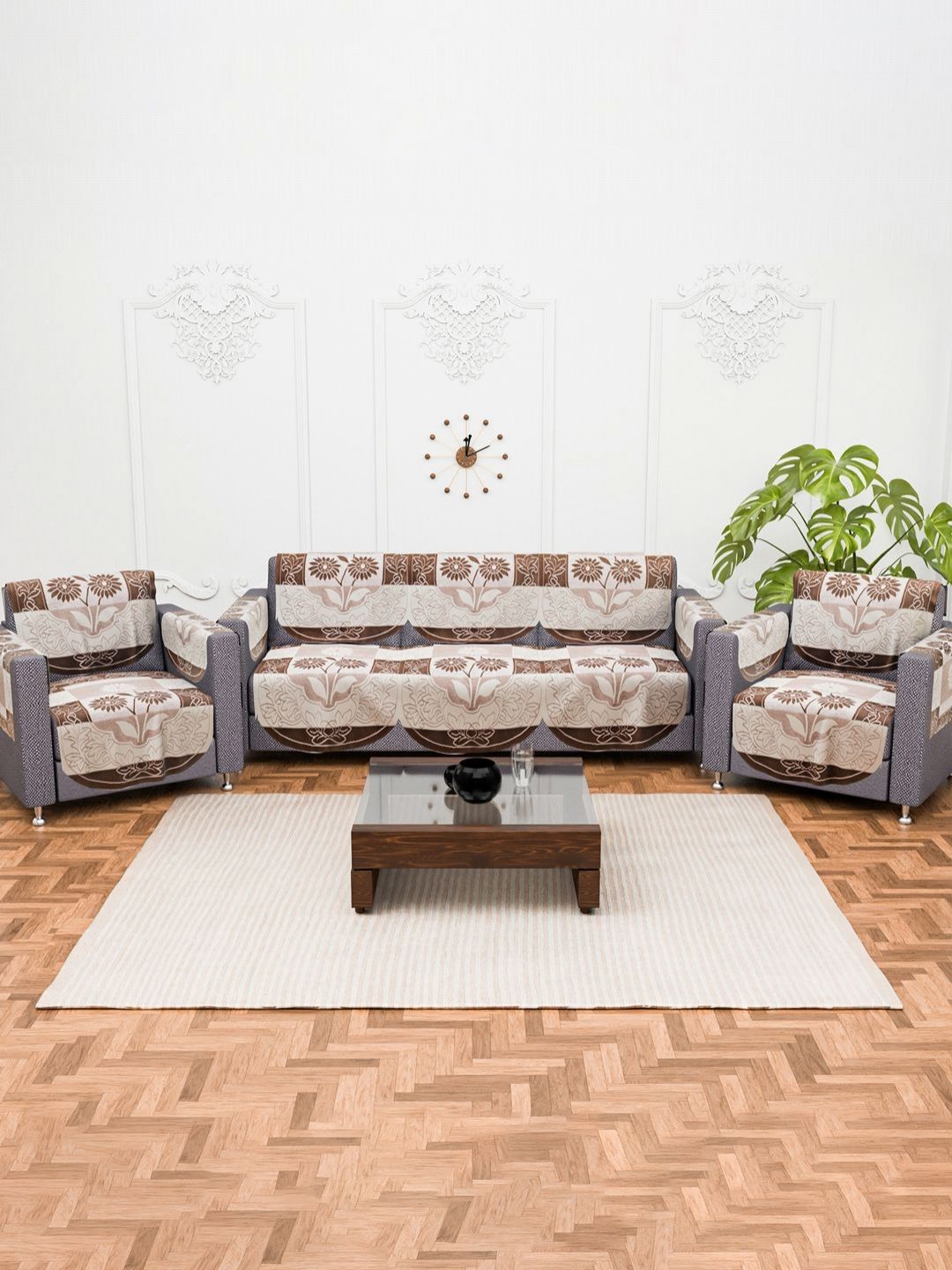 Aura Brown & Cream-Coloured Printed Cotton Sofa Cover With Arms-image-28
