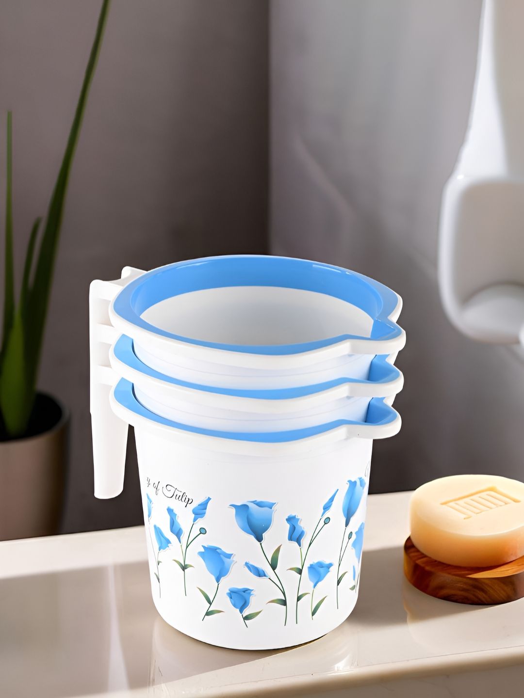 Aura Blue & White 3 piece Floral Plastic Bath Accessories Set-picture-13