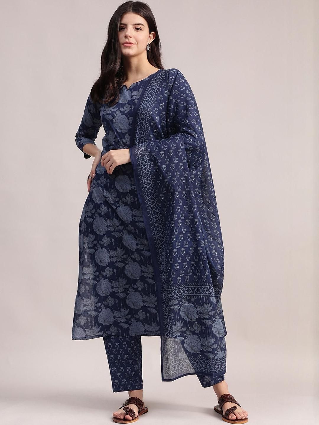 Aavyora Women Floral Printed Regular Pure Cotton Kurta with Trousers & With Dupatta