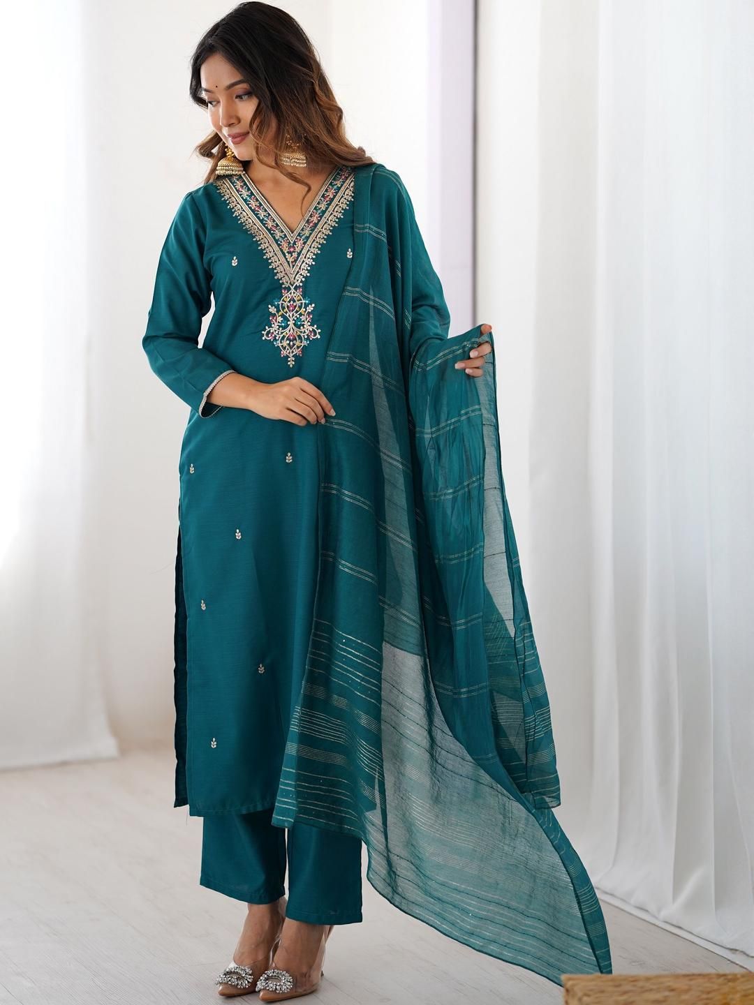 KALINI Women Floral Embroidered Regular Thread Work Kurta with Trousers & With Dupatta