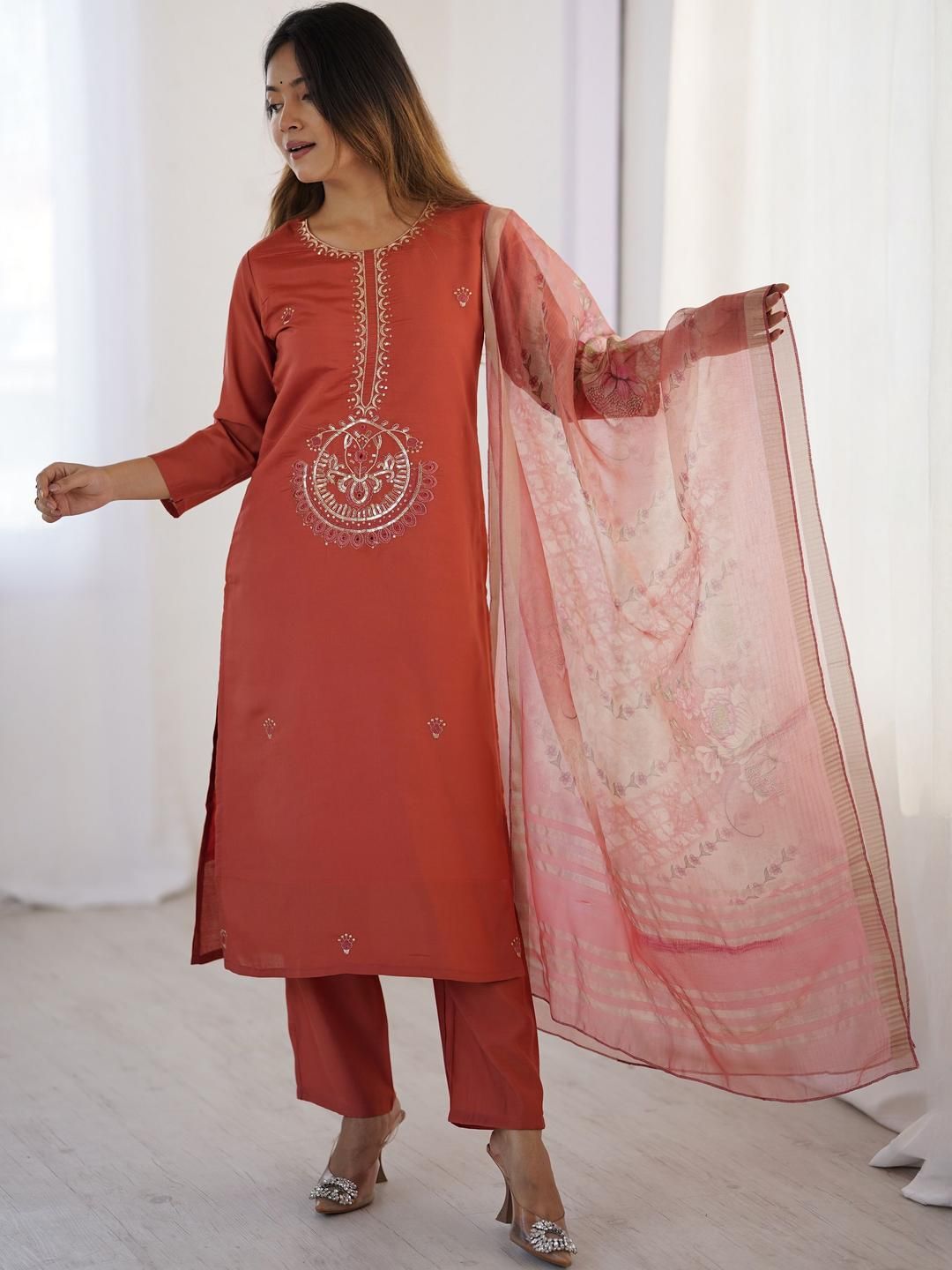 KALINI Women Embroidered Regular Thread Work Kurta with Trousers & With Dupatta