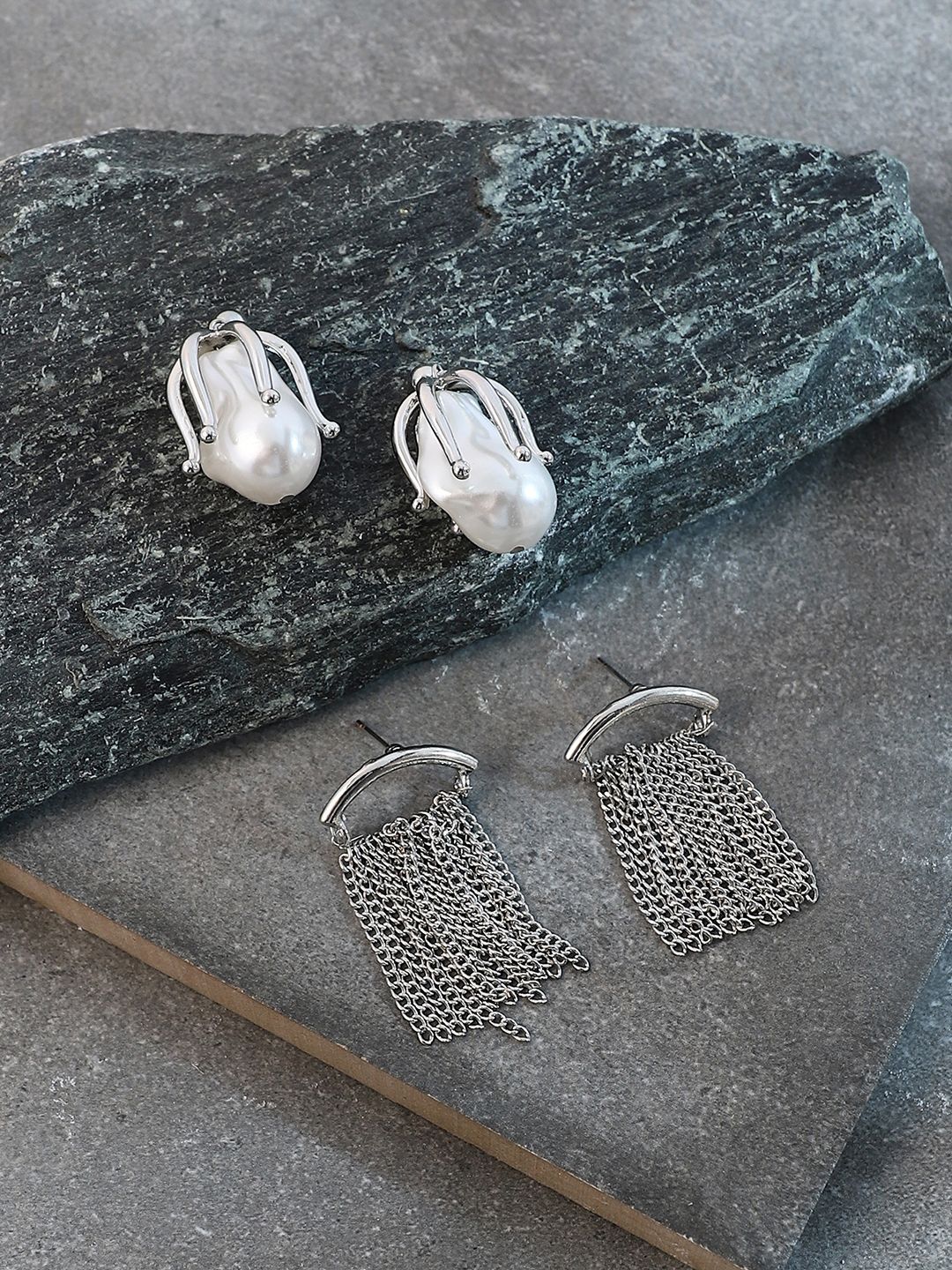 SOHI Set Of 2 Silver Plated Pearls Studded Contemporary Drop Earrings-picture-33