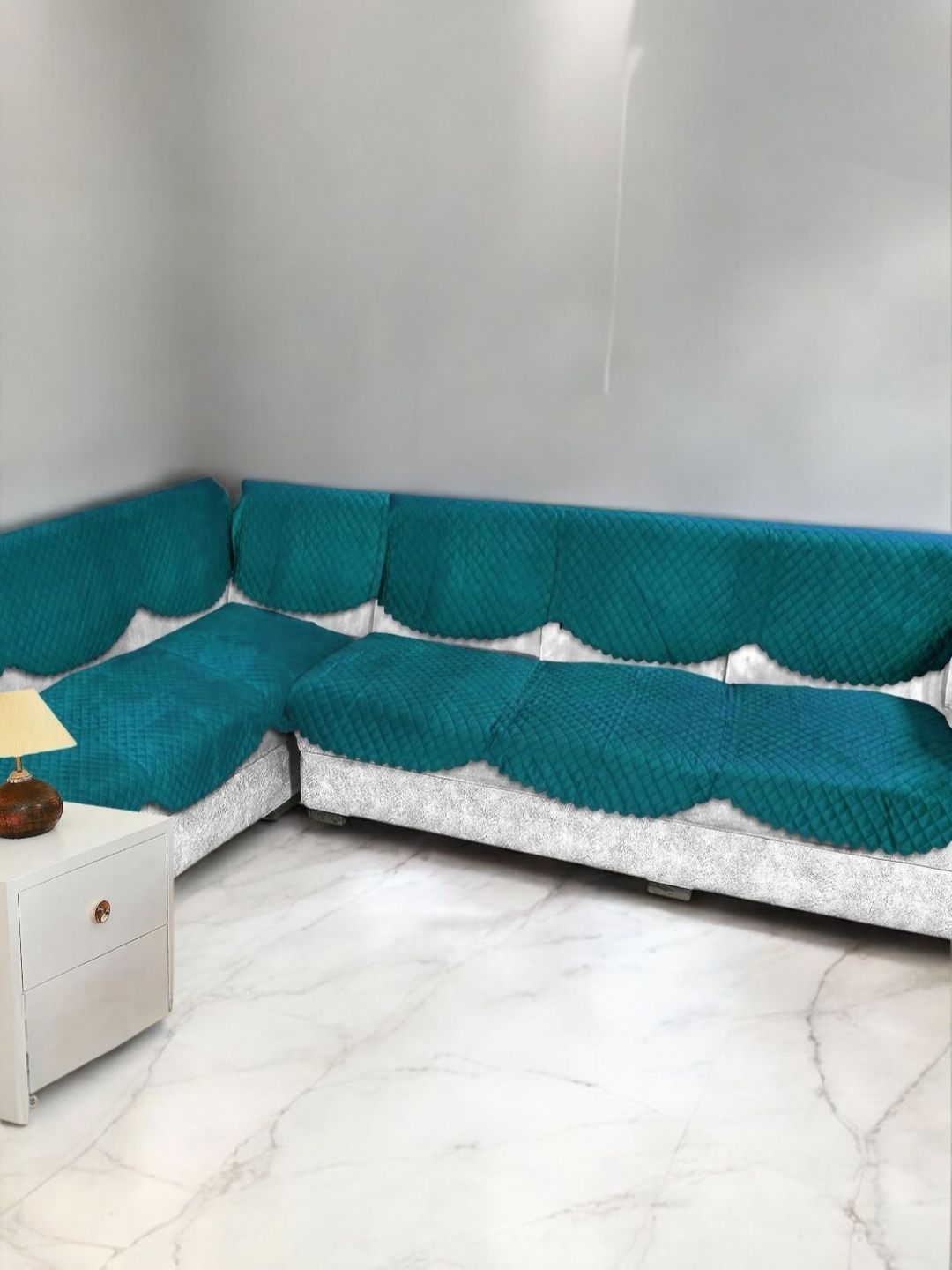 BIGGER FISH Green Solid Velvet Sofa Cover-image-43