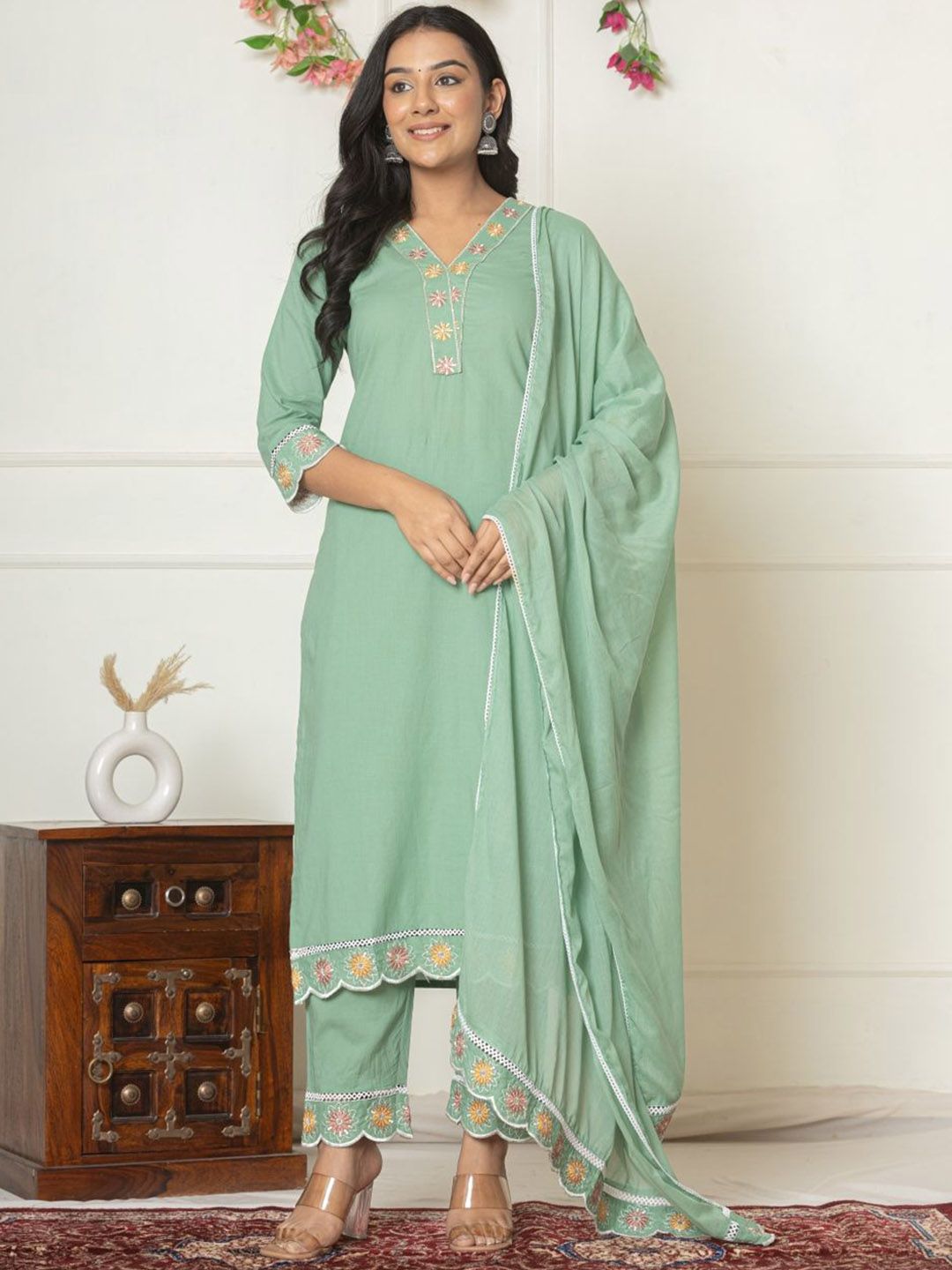 PINK FACTORY Women Floral Embroidered Cotton Kurta with Trousers & Dupatta