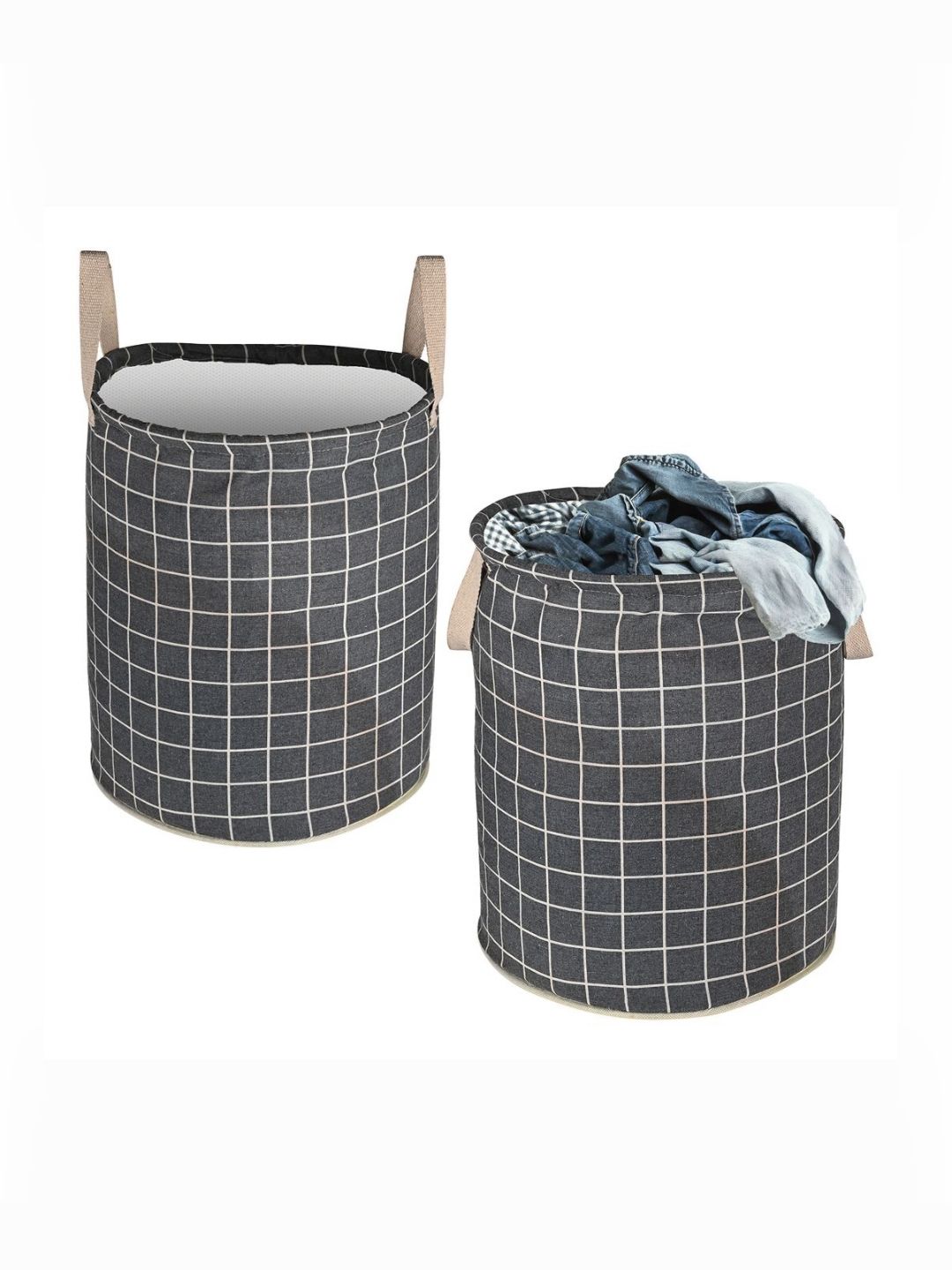 Aura 2-Pcs Grey Checked Cotton Foldable Laundry Bags With Handle - 60L-image-37