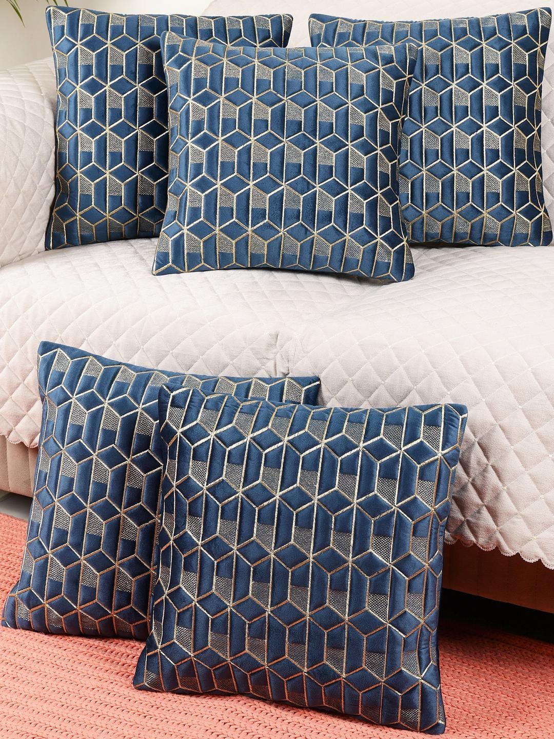 Blue Color Hexa Design Velvet Plush Soft Cushion Covers Set of 5-image-4