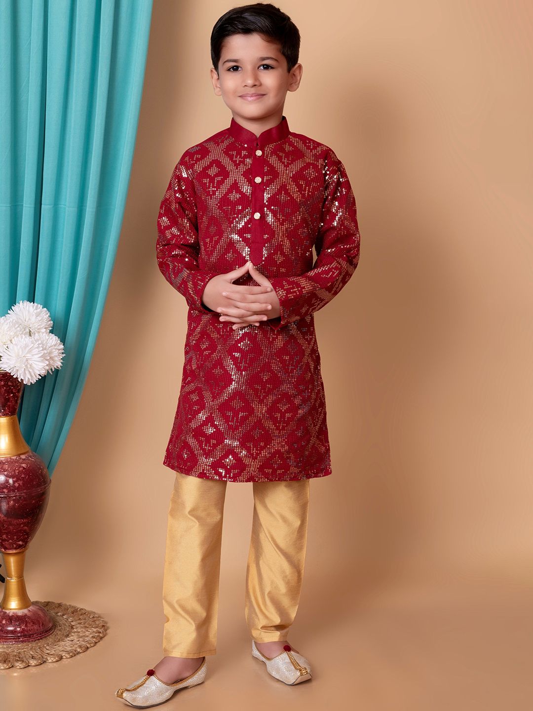AHLAN APPARELS Boys Embroidered Regular Sequinned Dupion Silk Kurta with Pyjamas-image-25