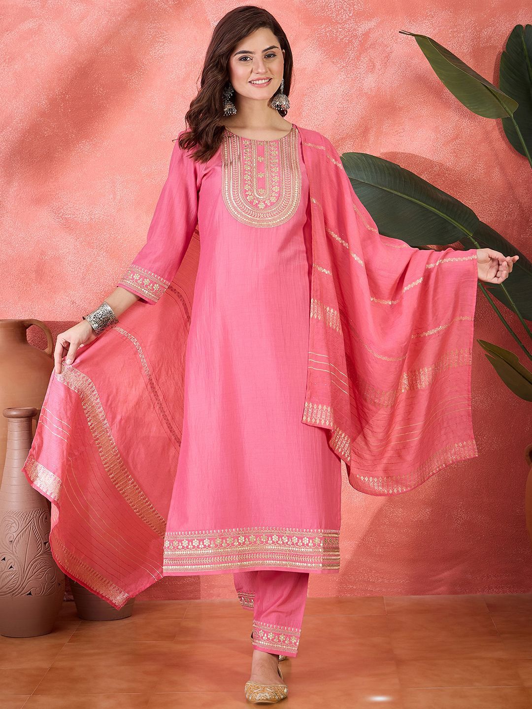 Sangria Women Ethnic Motifs Embroidered Kurta with Trousers & Dupatta