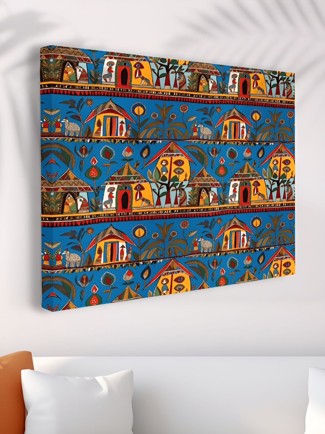 Myntra Elegant Homes Blue & Yellow Tribal Village Printed Canvas Wall Art-picture-22