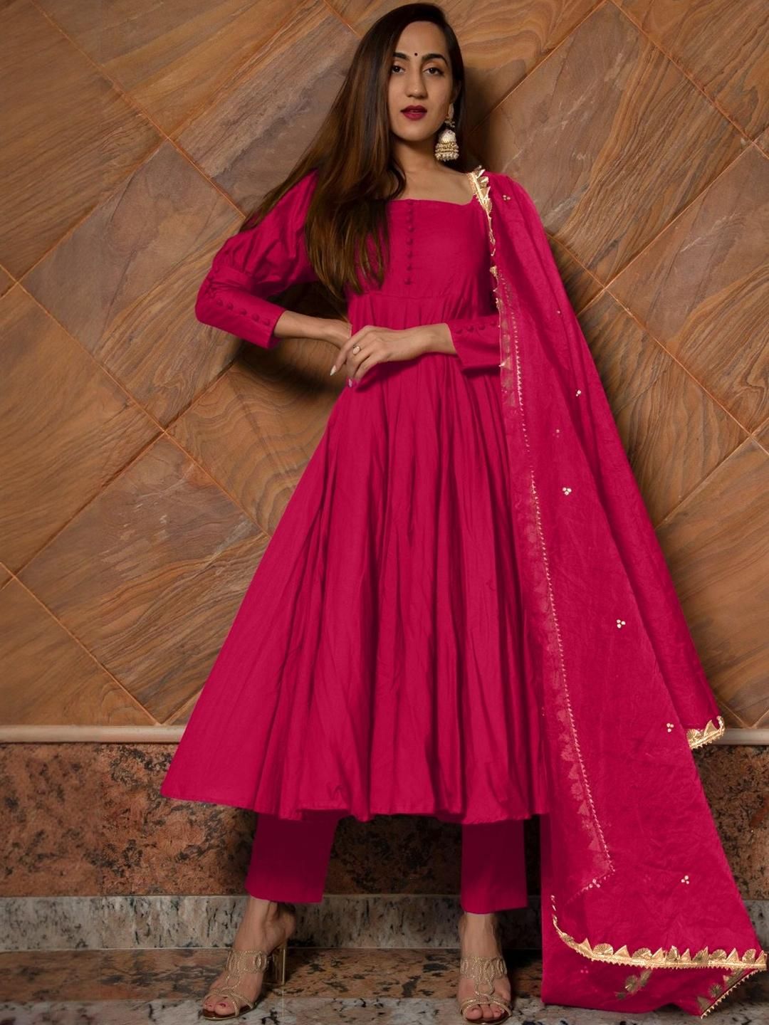 Square Neck Cotton Fabric 3/4 Sleeve Long Women Kurta Set