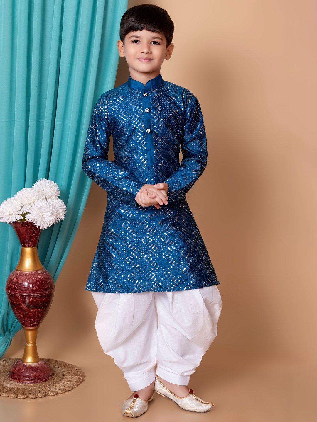 AHLAN APPARELS Boys Ethnic Motifs Embroidered Sequinned Dupion Silk Kurta with Patiala-picture-31