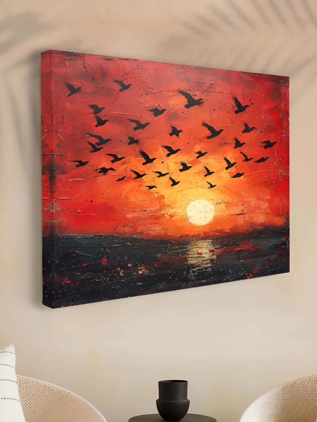 Myntra Elegant Homes Orange Colored & Yellow Birds Sunset Printed Canvas Wall Art-picture-35