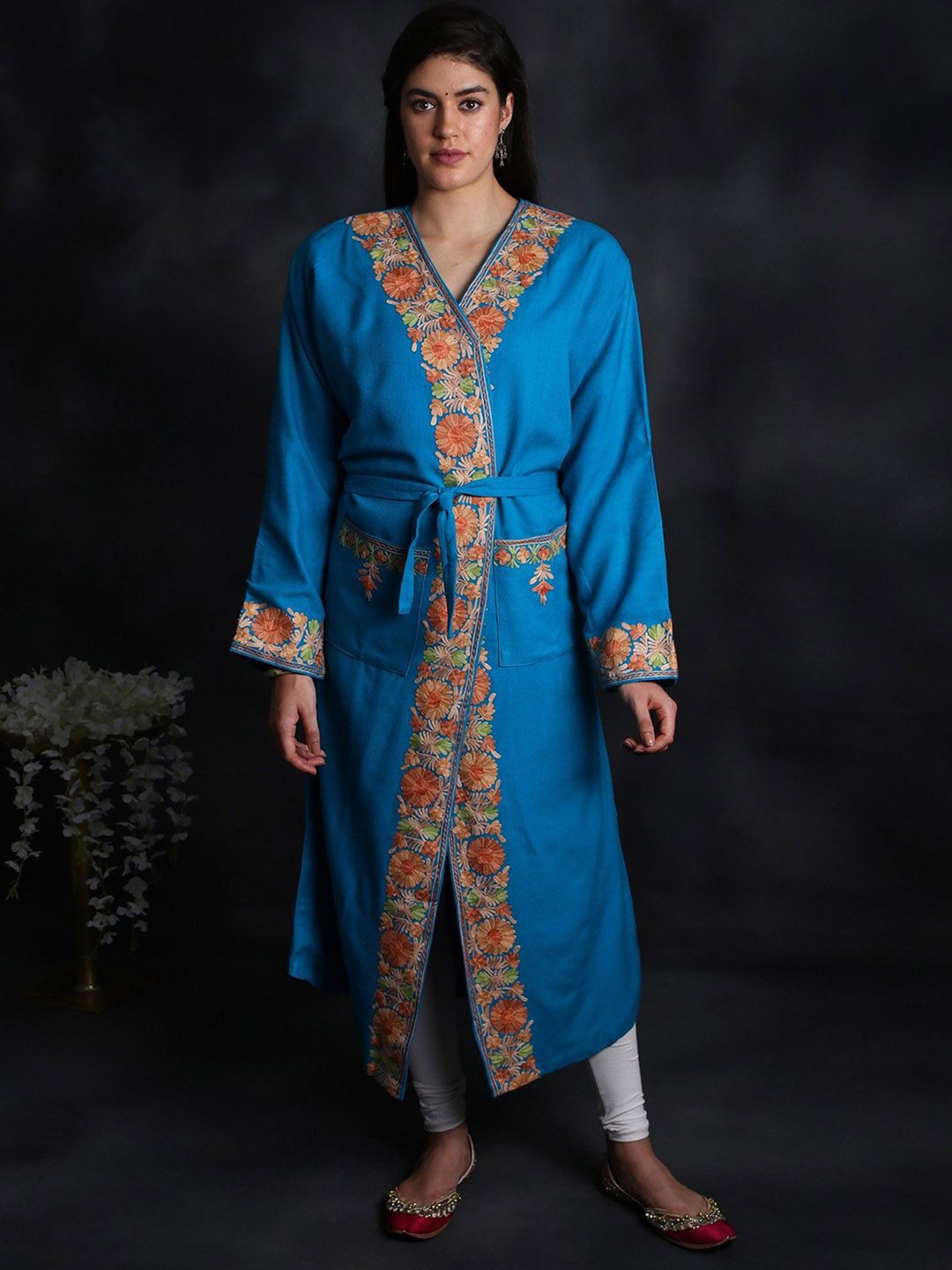 Exotic India Enamel-Blue Aari Hand-Embroidered Flowers Kashmiri Robe From Kashmir-picture-31