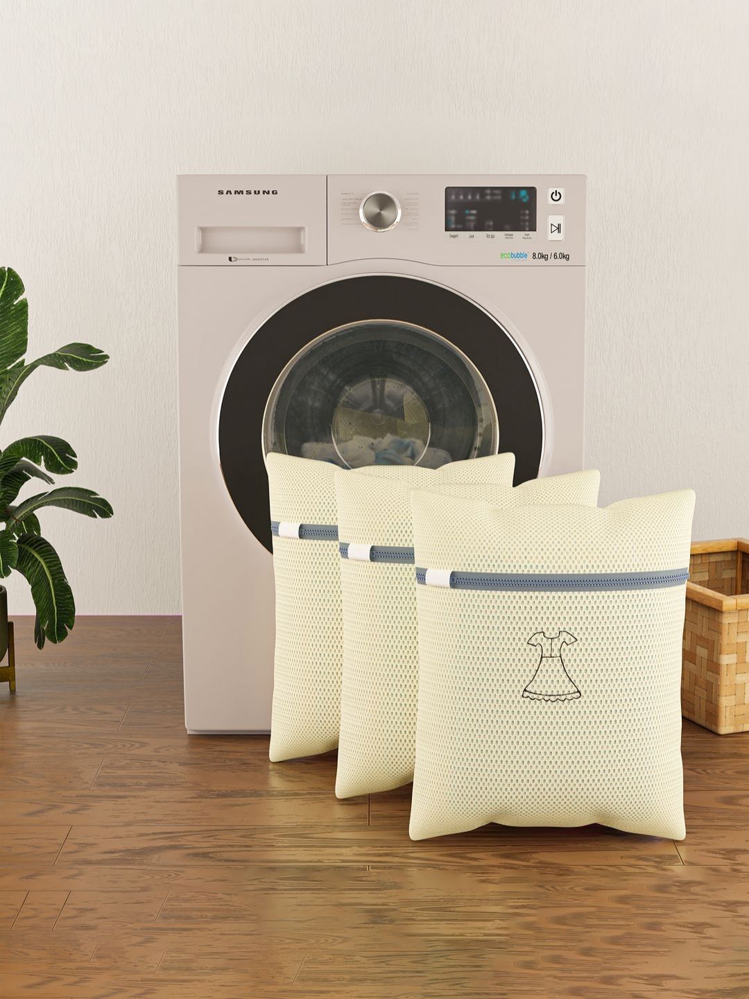 Aura 3Pcs Beige & Grey Printed Reusable Mesh Laundry Bags With Zipper-picture-20