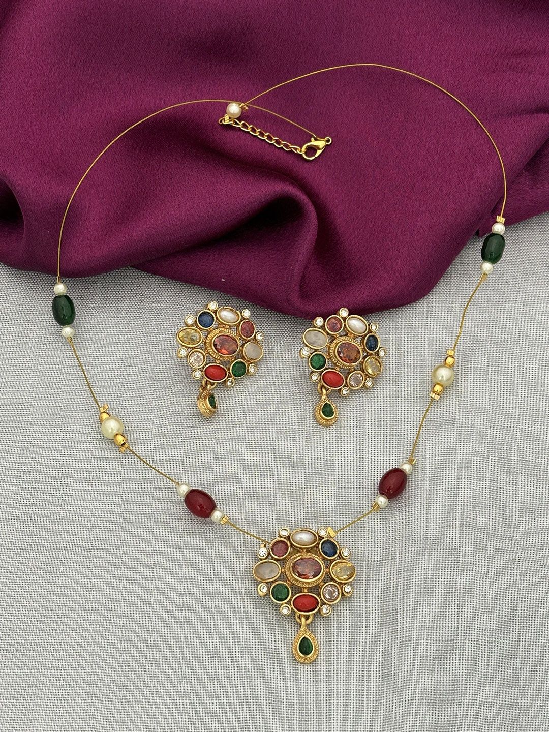 ROFARWORD Gold-Plated Stones Studded & Beaded Jewellery Set-picture-14