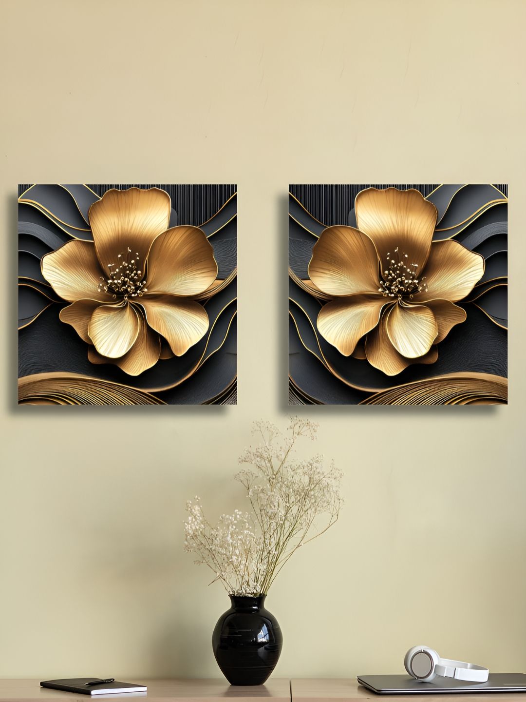 RANDOM 2 Pieces Gold & Black Floral And Botanical Canvas Wall Art-picture-39