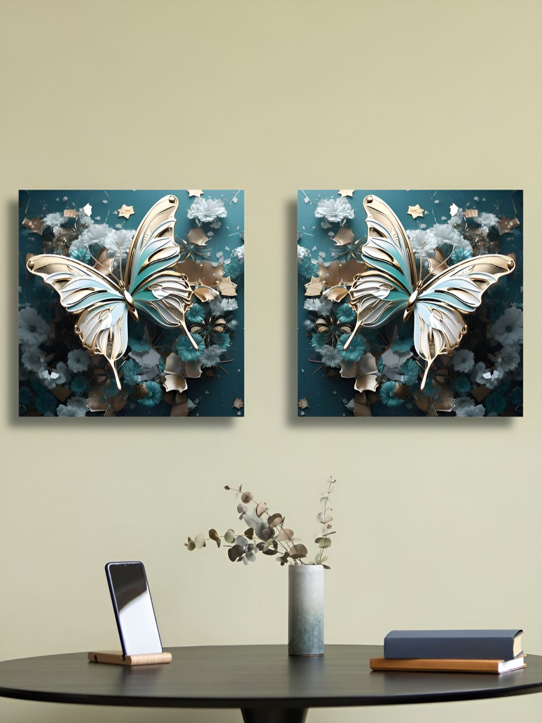 RANDOM 2 Pieces Blue & Gold Birds & Animals Canvas Wall Art-picture-14