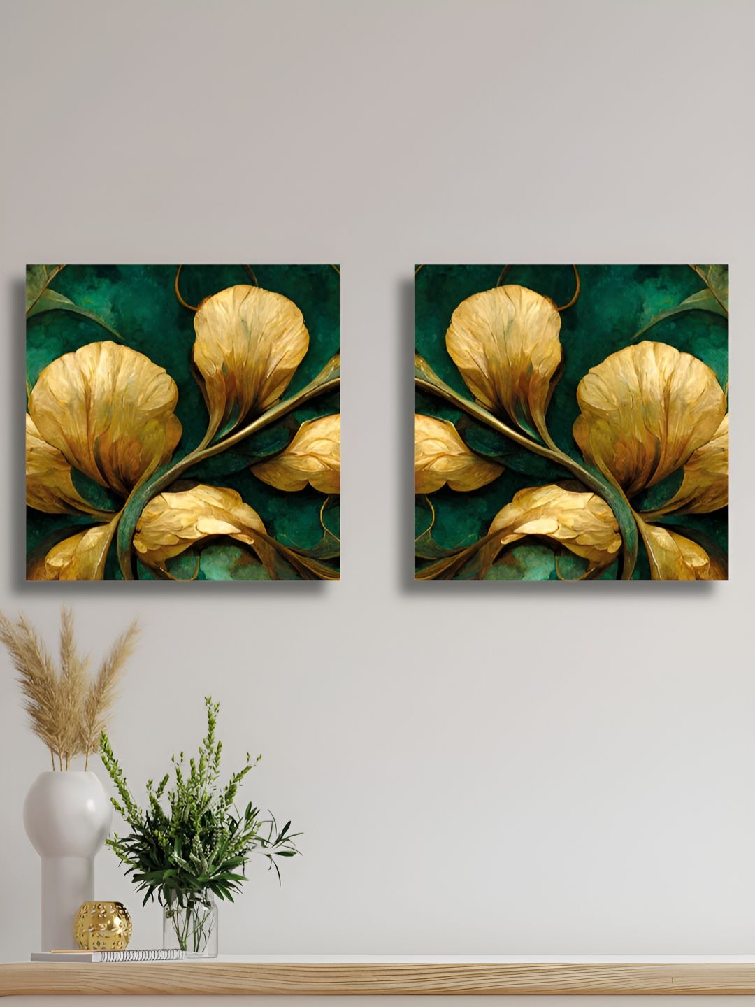 RANDOM 2 Pieces Green & Yellow Floral And Botanical Canvas Wall Art-picture-32