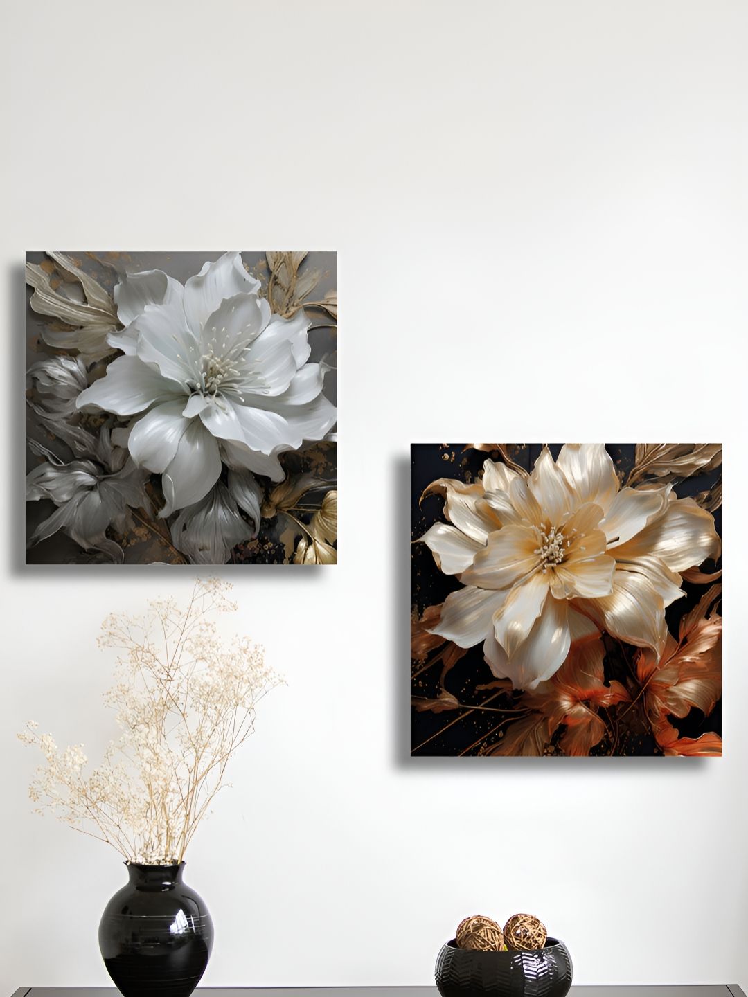 RANDOM 2 Pieces White & Brown Floral And Botanical Canvas Wall Art-picture-26