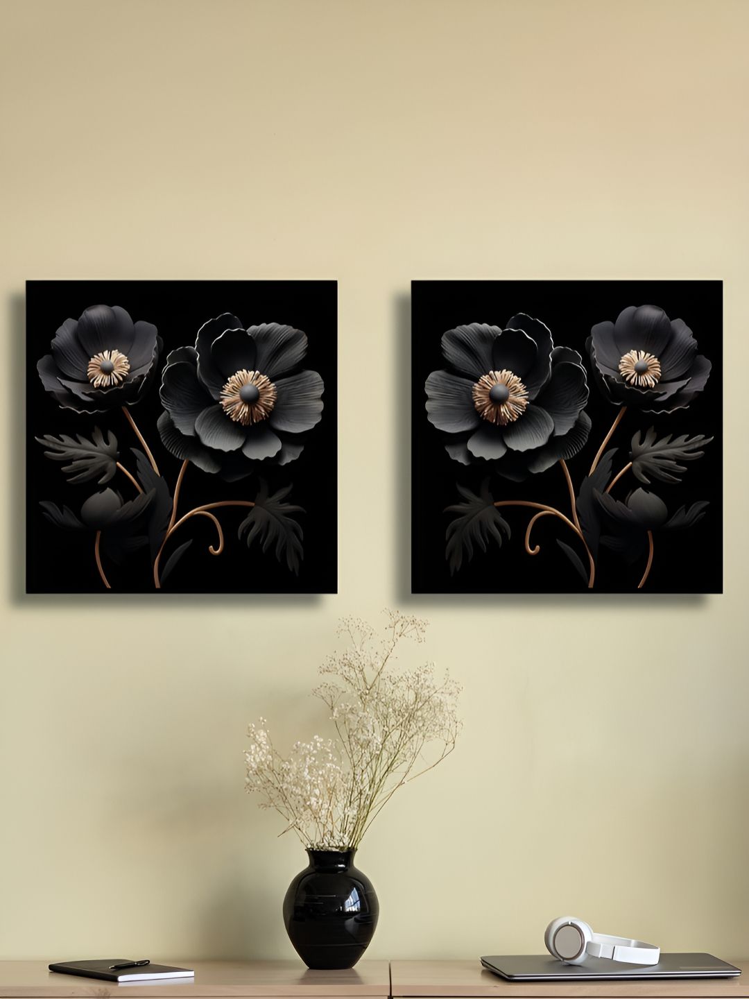RANDOM 2 Pieces Black Canvas Floral And Botanical Wall Art-picture-15