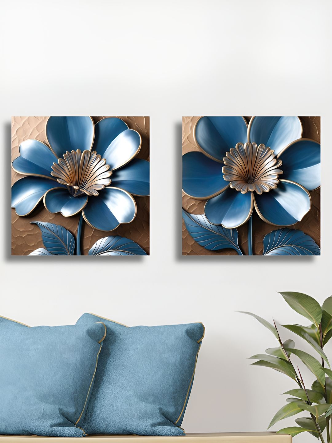 RANDOM 2 Pieces Blue & Brown Floral And Botanical Canvas Wall Art-picture-12