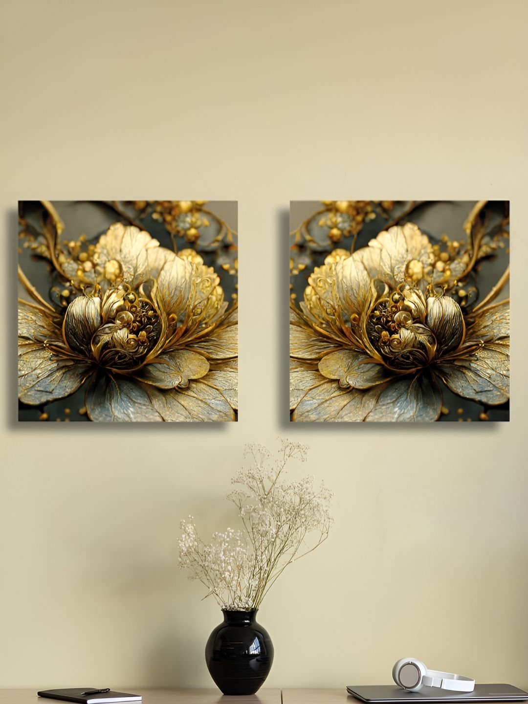 RANDOM 2 Pieces Gold & Grey Floral And Botanical Canvas Wall Art-picture-37