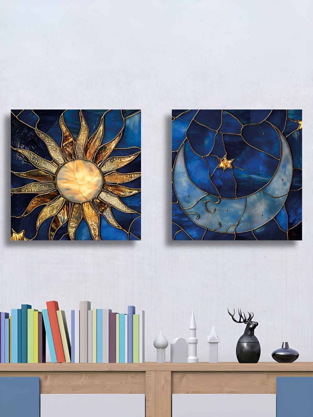 RANDOM 2 Pieces Blue & Yellow Sun And Moon Canvas Wall Art-picture-15