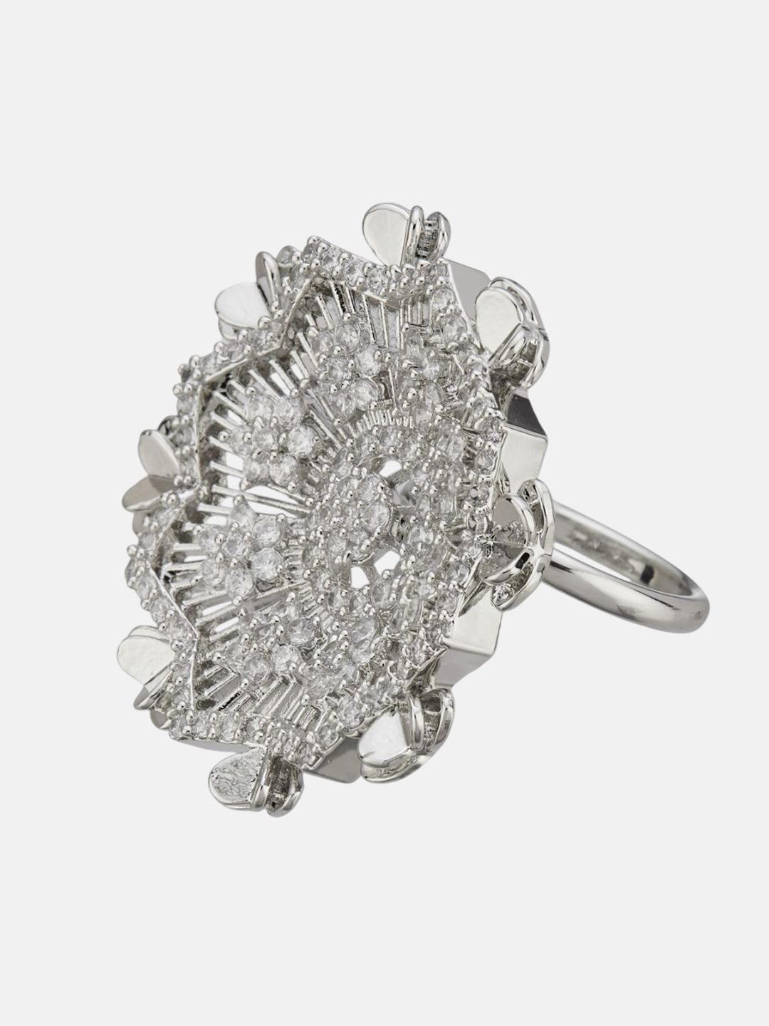 ATIBELLE Set Of 2 Silver-Plated Cubic Zirconia Studded Floral-Shaped Finger Rings