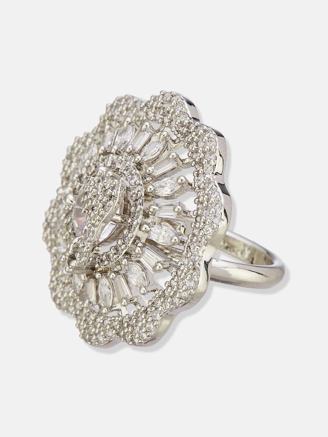 ATIBELLE Set Of 2 Silver-Plated Cubic Zirconia Studded Finger Rings