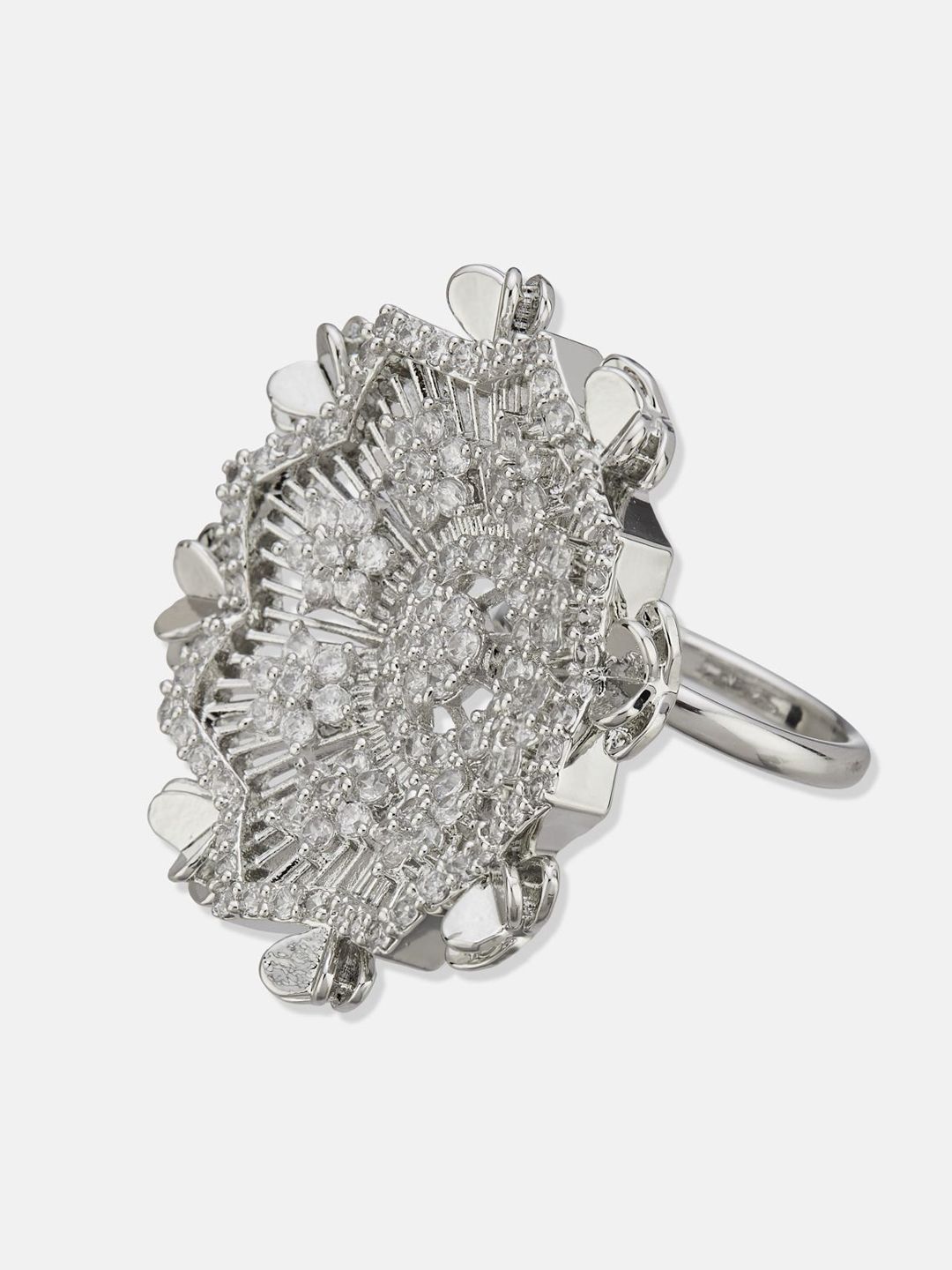 ATIBELLE Set Of 2 Silver-Plated Cubic Zirconia Studded Fusion Finger Rings