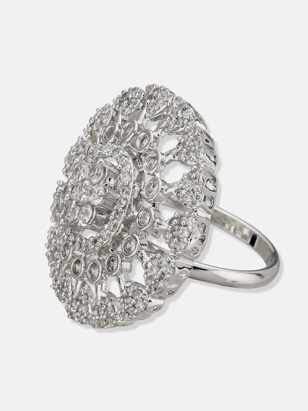 ATIBELLE Set Of 2 Silver-Plated Cubic Zirconia Studded Fusion Finger Rings