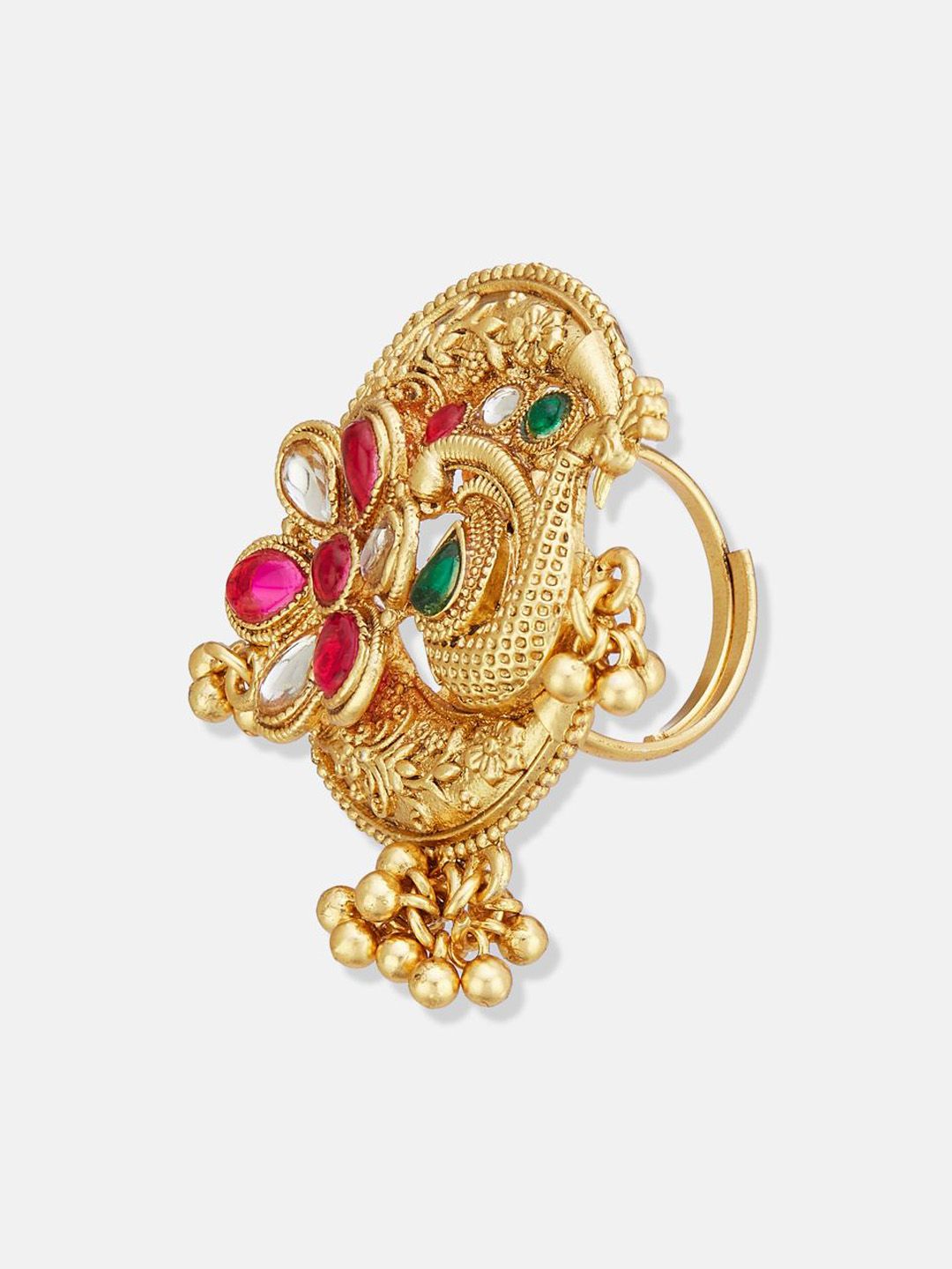 ATIBELLE Set Of 2 Gold-Plated Stone Studded & Beaded Peacock Shaped Finger Rings
