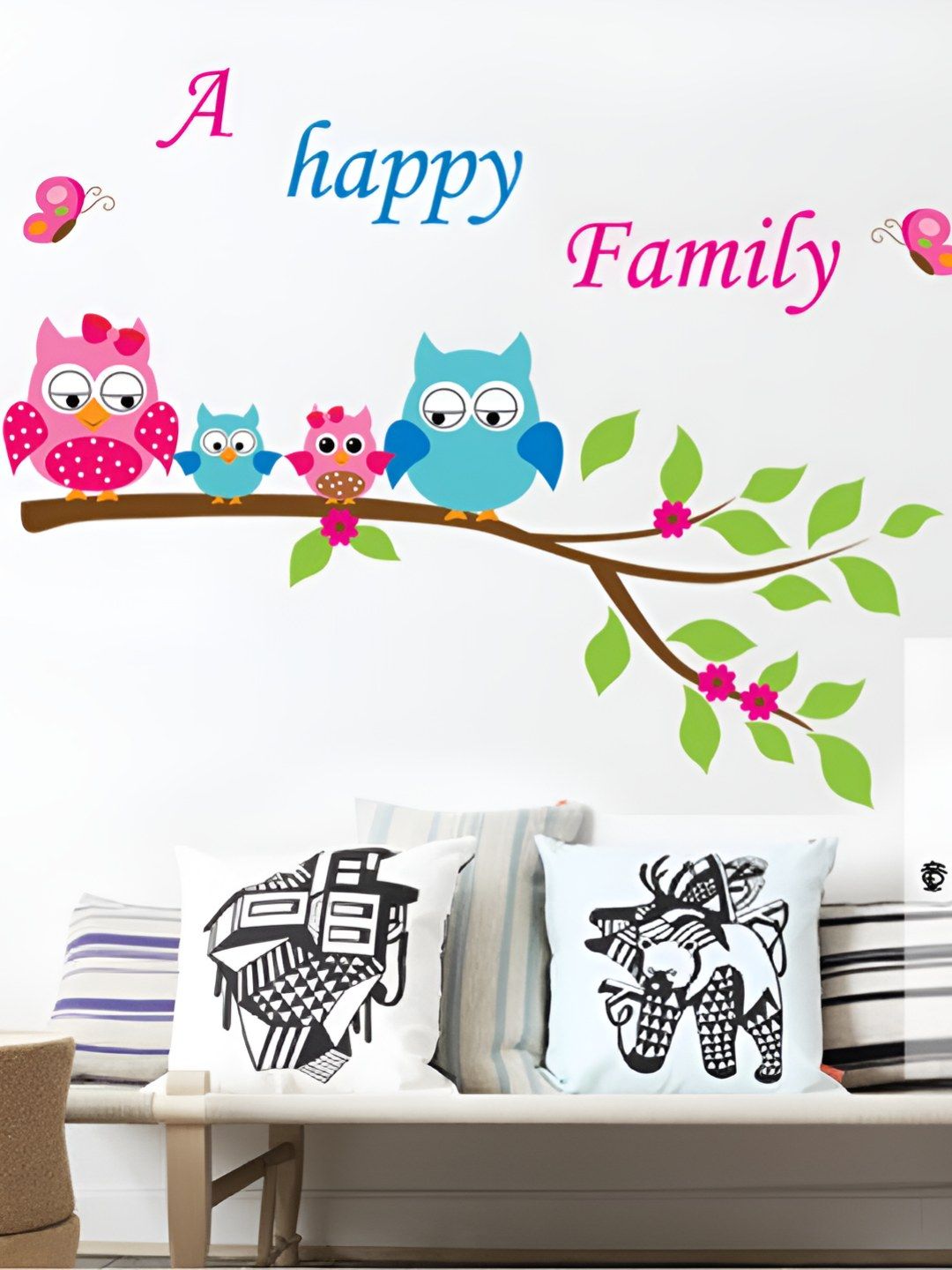 INDIAN ROYALS Pink & Blue Cute Colorful Owl Branch Butterfly Wall Sticker-picture-40